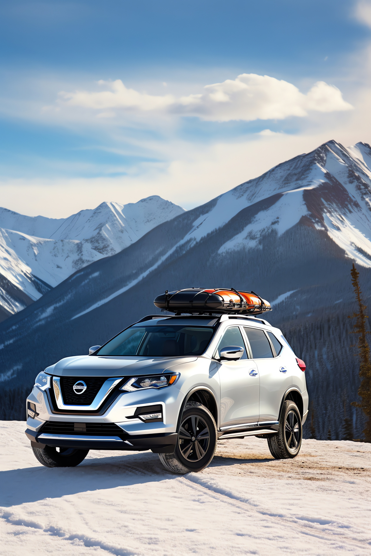 Nissan corporate symbol, Aspen resort surroundings, Winter SUV capability, Chilly terrain, Elevated mountain scenes, HD Phone Wallpaper