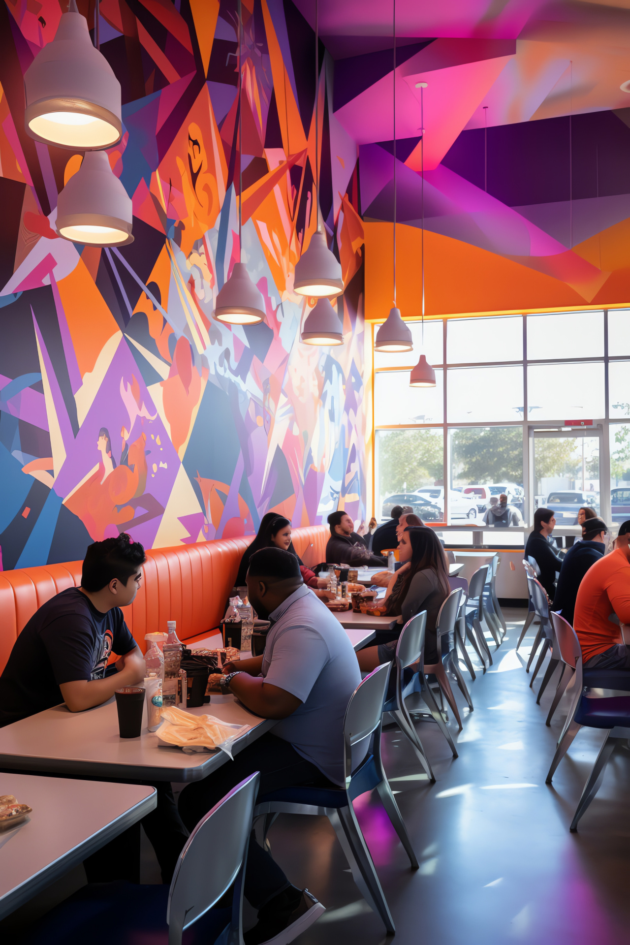 Eatery scene, Taco Bell, patron crowd, vibrant artwork, Latin inspiration, HD Phone Wallpaper