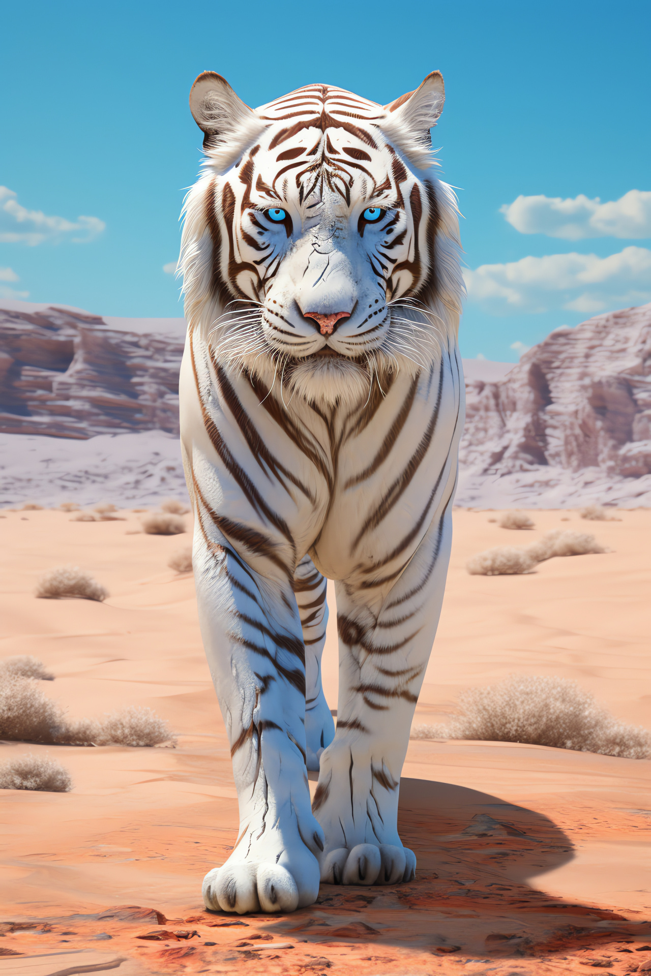 White Bengal Tiger, golden gaze, sparse fur, bleached coat, arid dunes, HD Phone Image