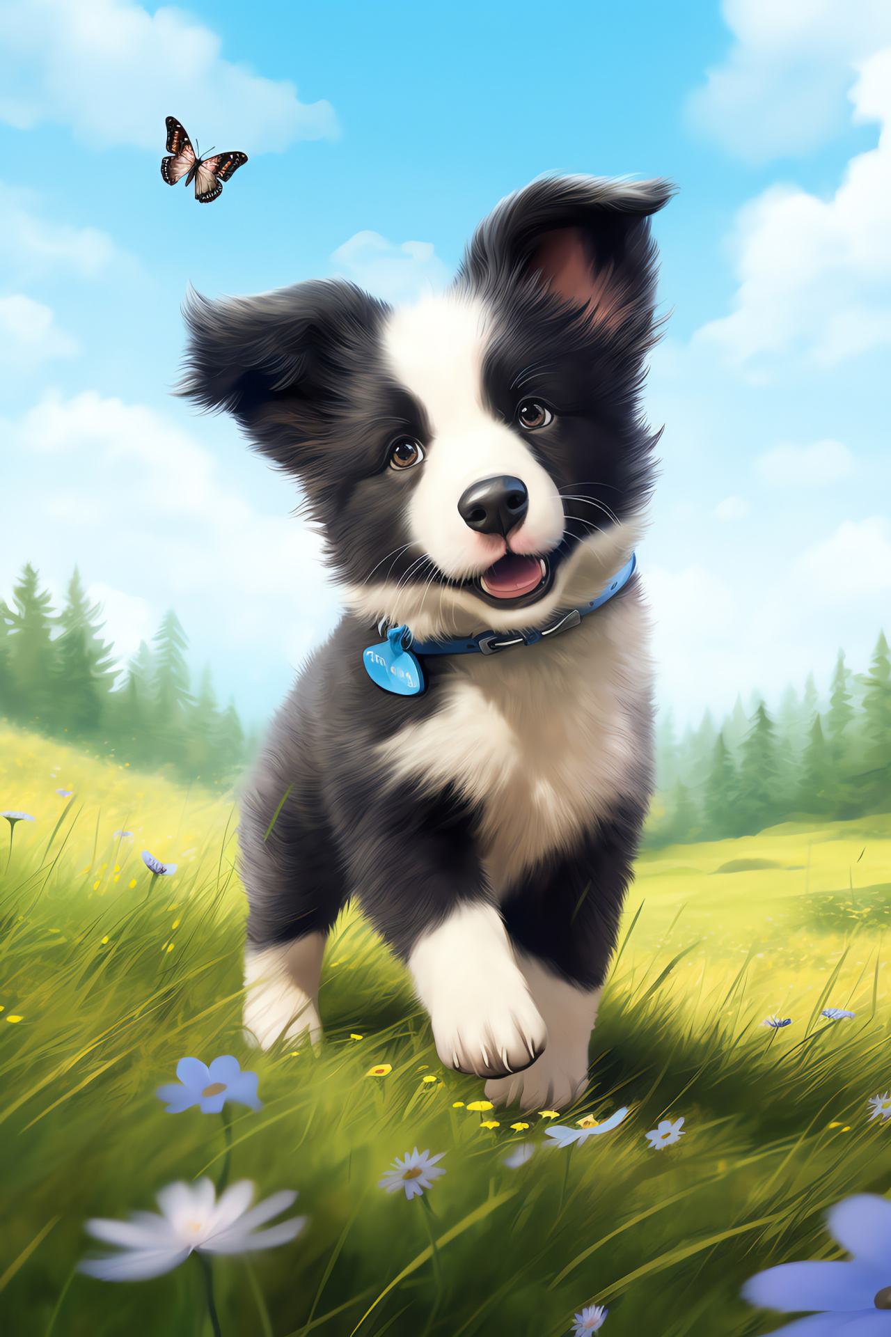 Border collie puppy with butterfly, Intelligent herding dog, Piercing blue eyes, Shiny black and white coat, Symbol of agility, HD Phone Image