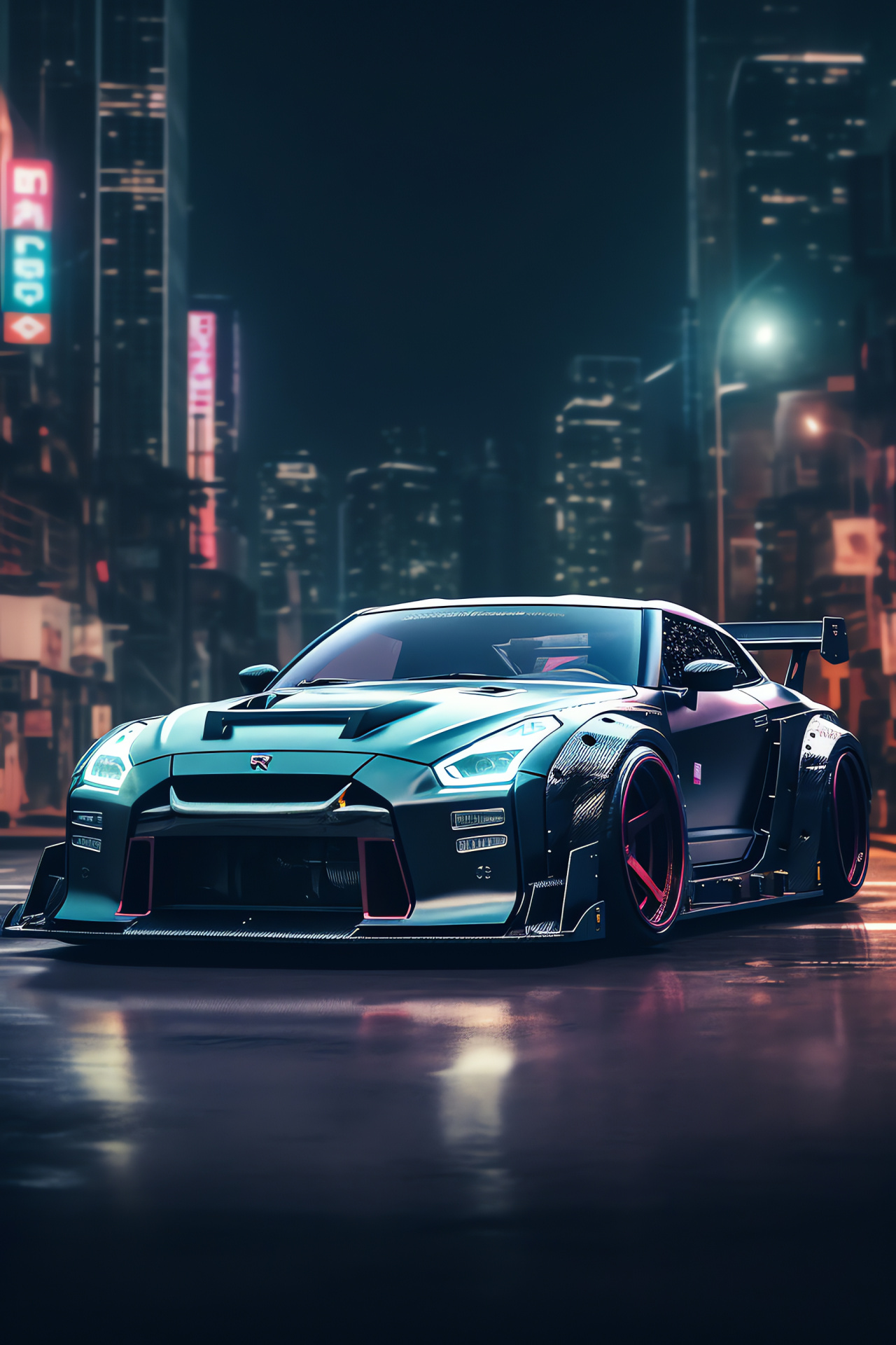 Nissan GT-R Rocket Bunny, Nighttime city vibe, Wide-body automotive upgrade, Future urban scene, Night sports driving, HD Phone Image