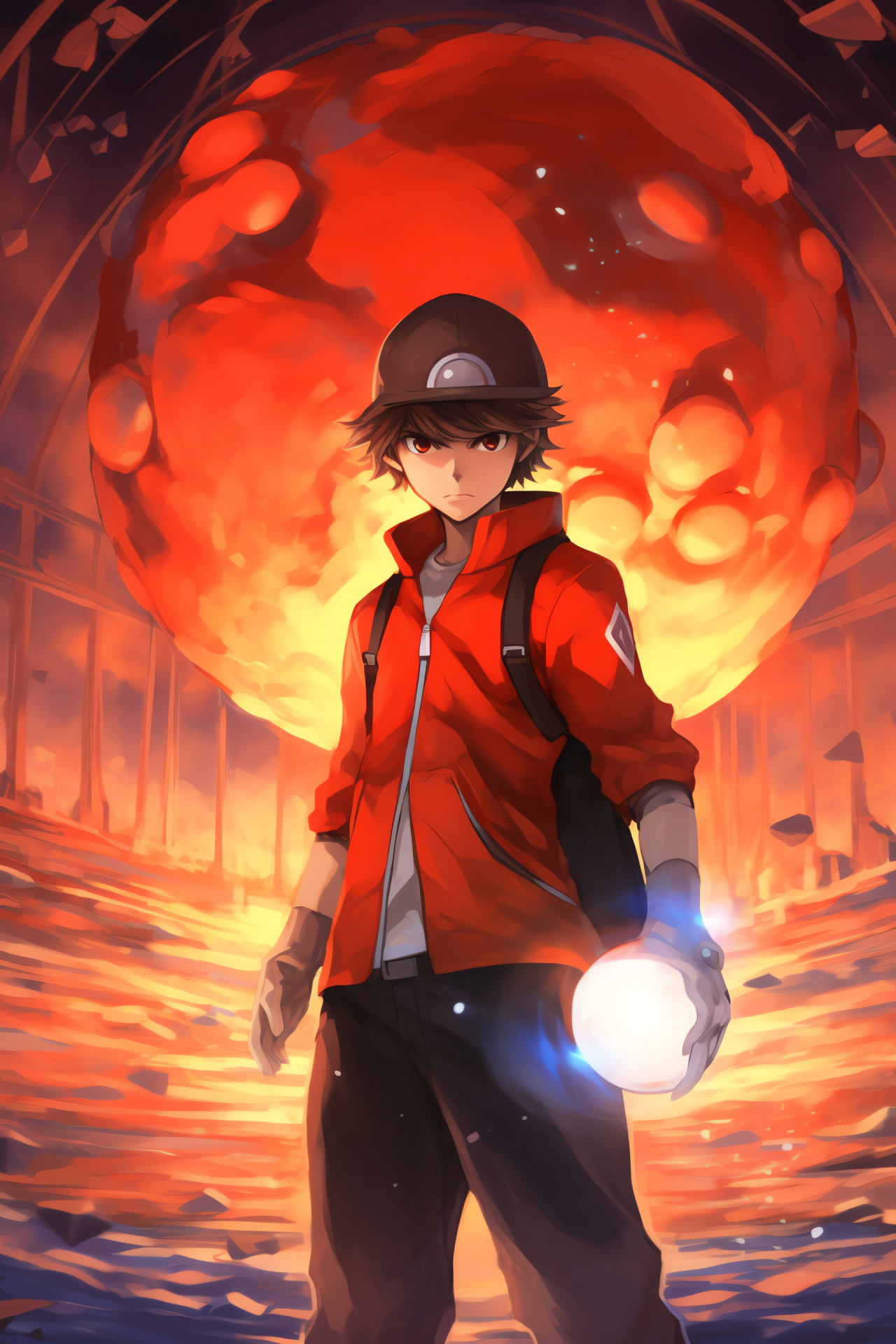 Pokemon Protagonist Red, Bi-colored Backdrop, Sharp Brown-eyed Glance, Spiky Ebony Locks, Contrasting Jacket, HD Phone Image