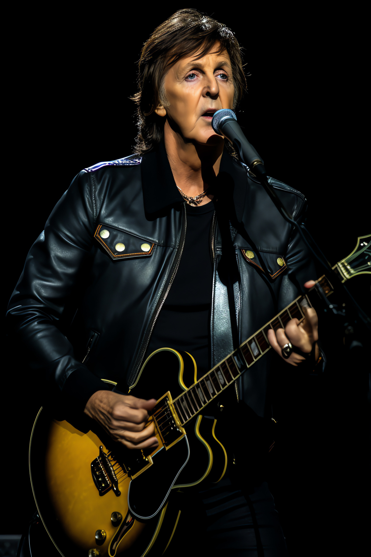 Musician McCartney, live performance, iconic rocker outfit, indigo fabric, handheld vocal device, HD Phone Wallpaper