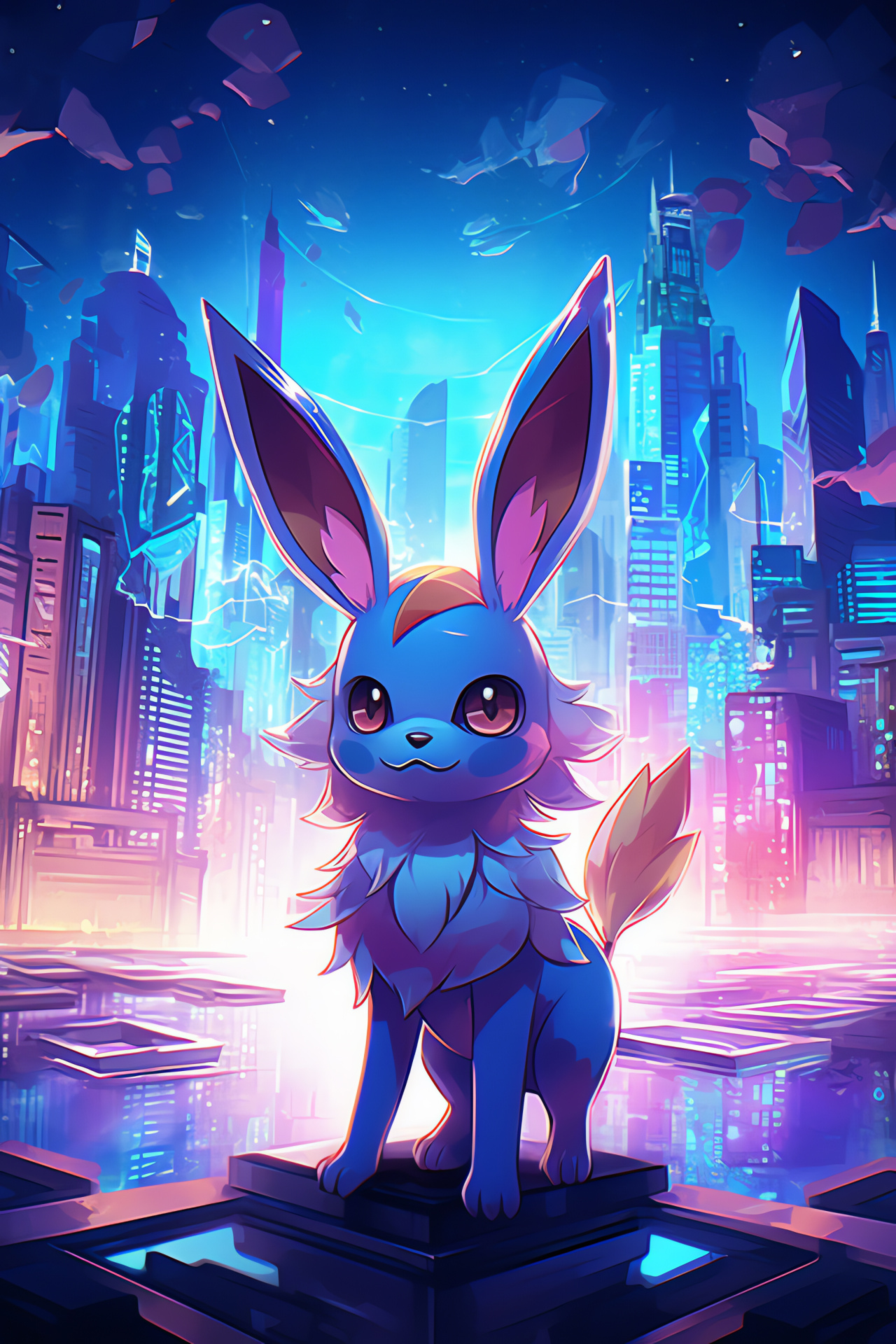 Pokemon evolutions, Modern city setting, Sylveon portrayal, Neon skyline, Evolutionary variety, HD Phone Wallpaper