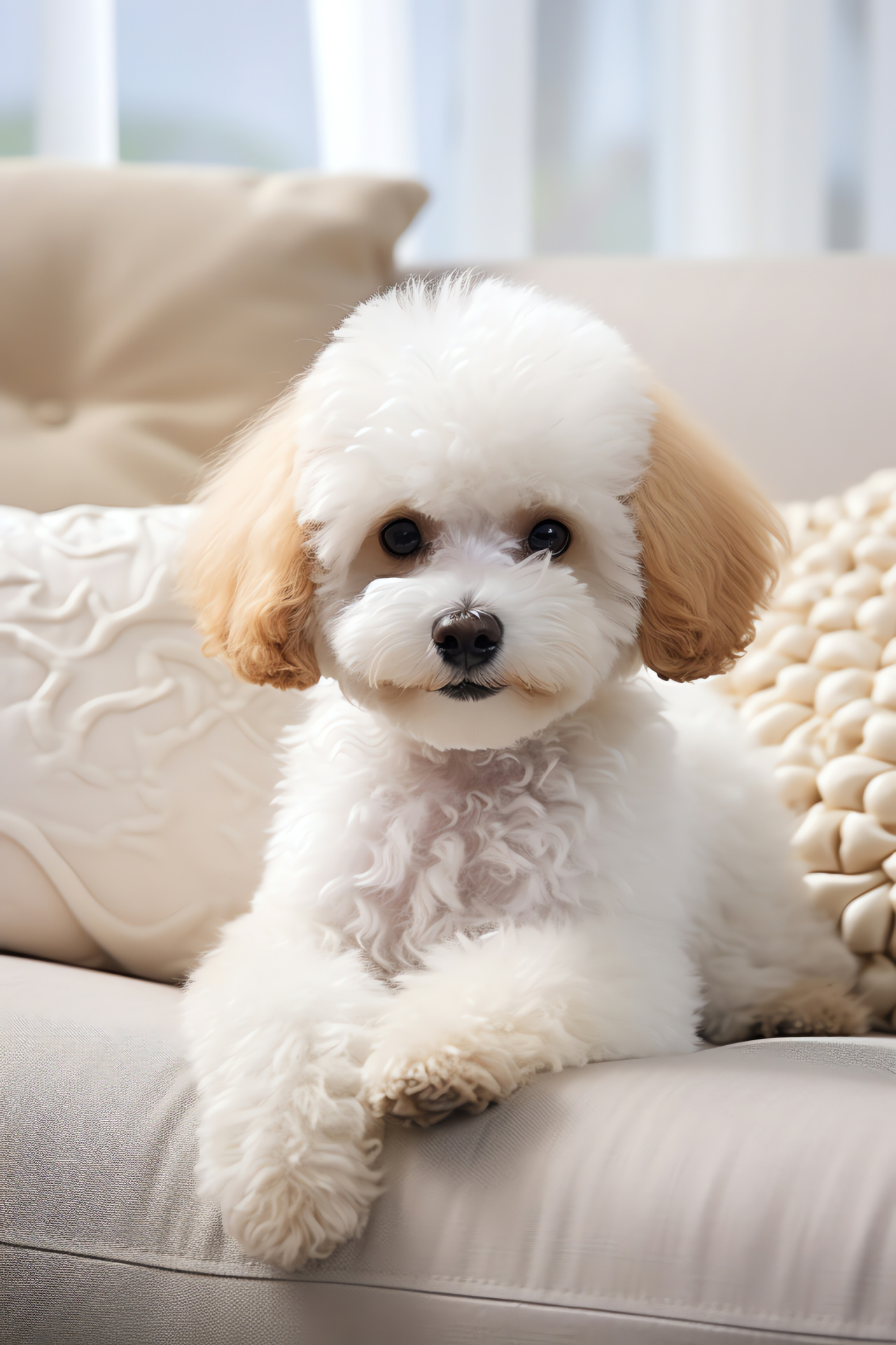 Bichon Frise breed, chestnut eyes, snowy fur, spiral locks, luxurious seating, HD Phone Image