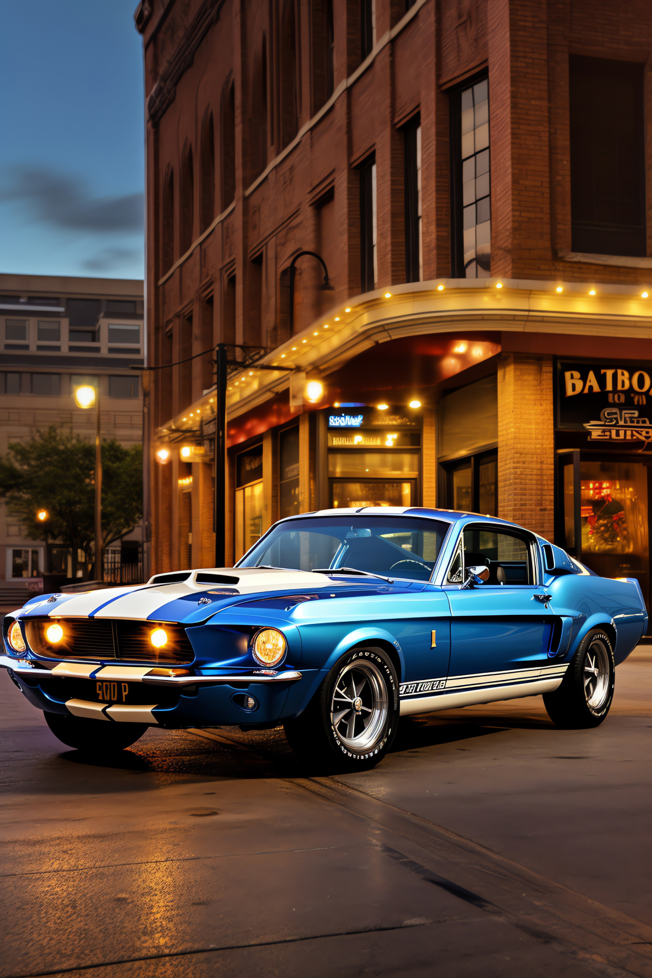 Classic Shelby GT500 Fastback, Retro city vibe, Two-tone blue design, Muscle car legacy, Time-honored visuals, HD Phone Image