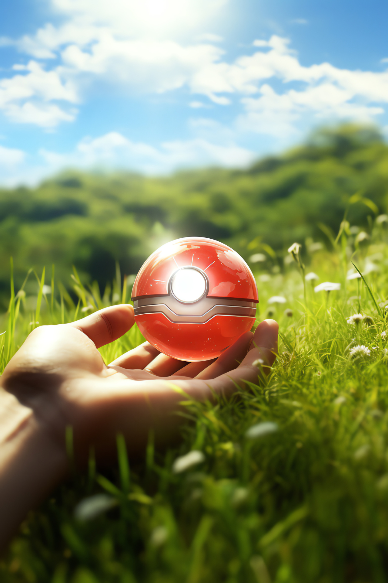 Pokemon universe, Pokeball item, Trainer identity, pastoral meadow setting, rolling hills landscape, HD Phone Image