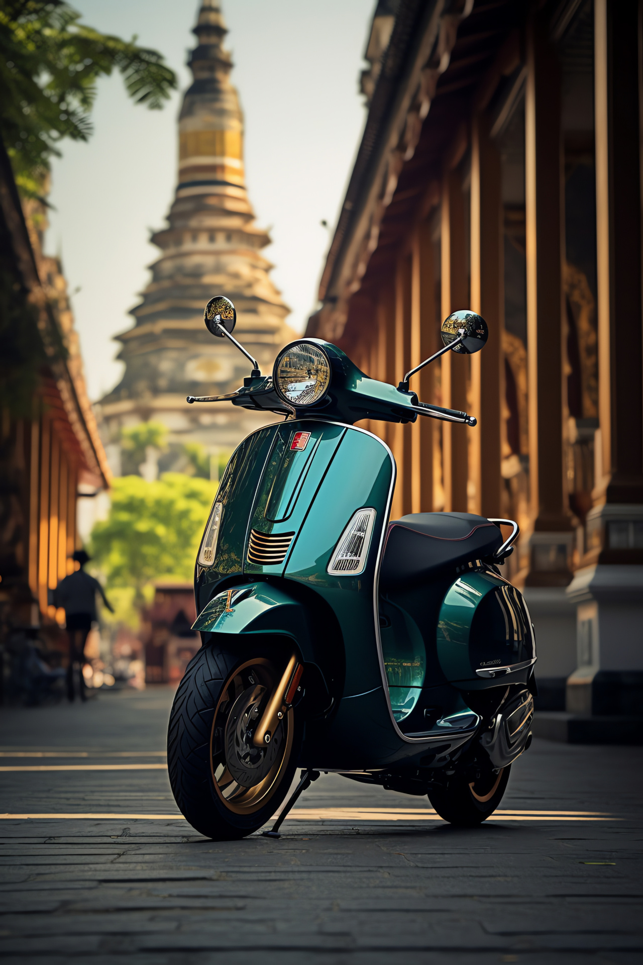 Vespa GTS 300, Bangkok urban scenery, Supertech HPE edition, Cultural landmarks background, Popular scooter choice, HD Phone Wallpaper