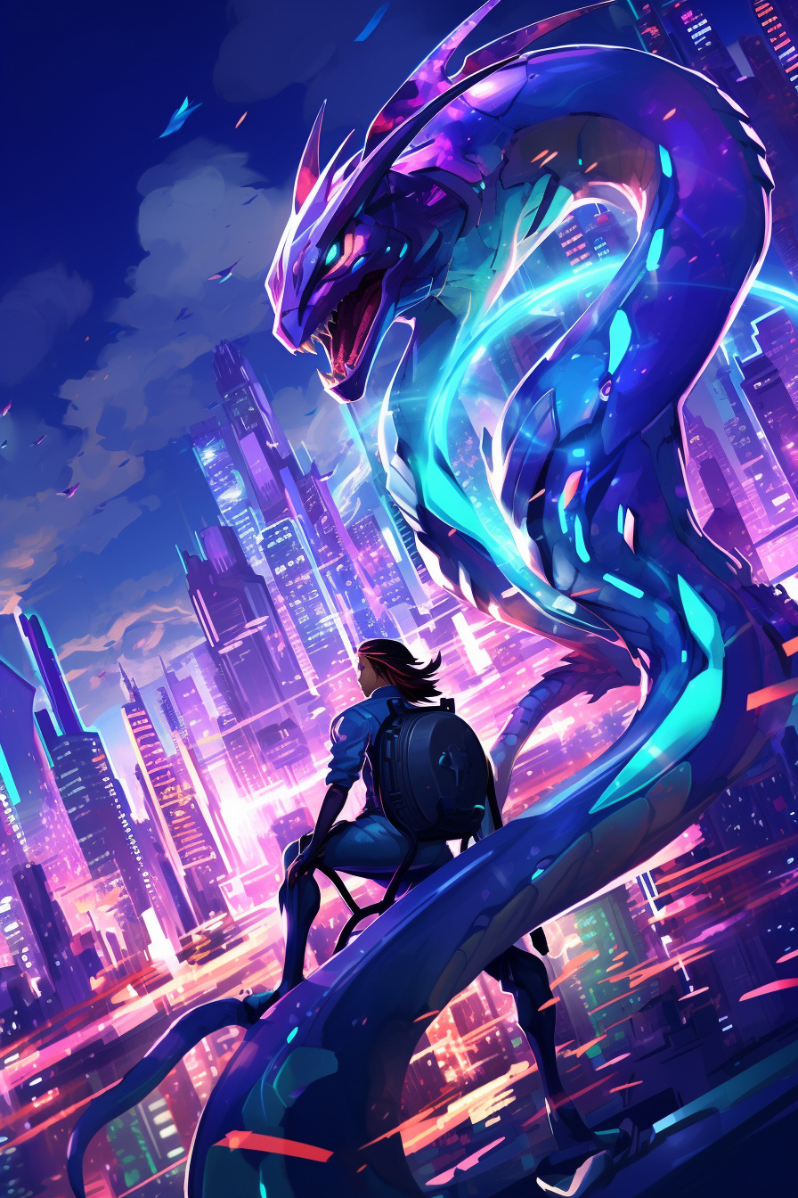 Mega Rayquaza in metropolis, Futuristic cityscape, Neon skyscraper array, Purple-blue glimmer, Sky maneuver, HD Phone Wallpaper