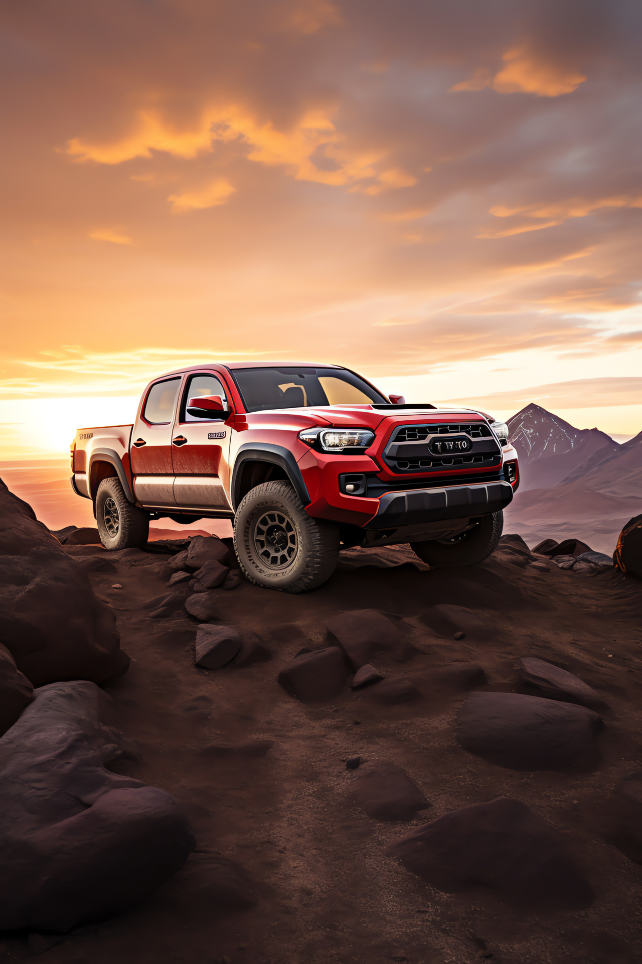 TRD Tacoma pickup, Elevated dynamic shot, Vivid red exterior, Three-tone background, Adventure-ready appearance, HD Phone Image