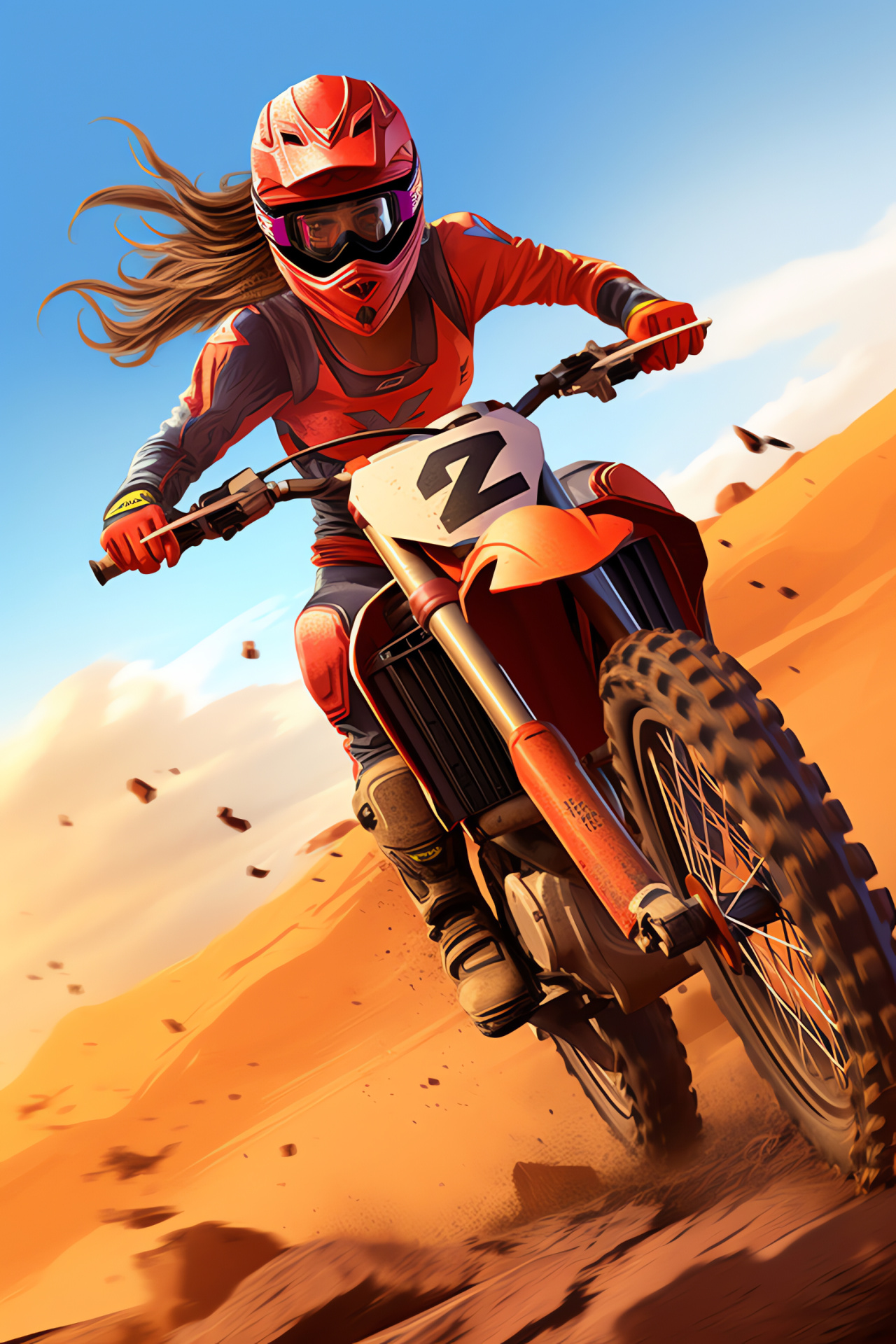 Motocross racer, KTM sports bike, Desert expanse, Aerial perspective, Motocross apparel, HD Phone Wallpaper