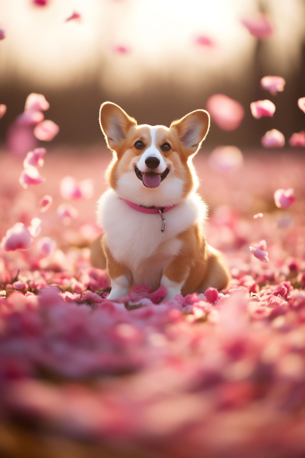 Valentine's corgi attire, Petal-strewn field, Pooch ballet outfit, Playful companions, Floral setting, HD Phone Wallpaper