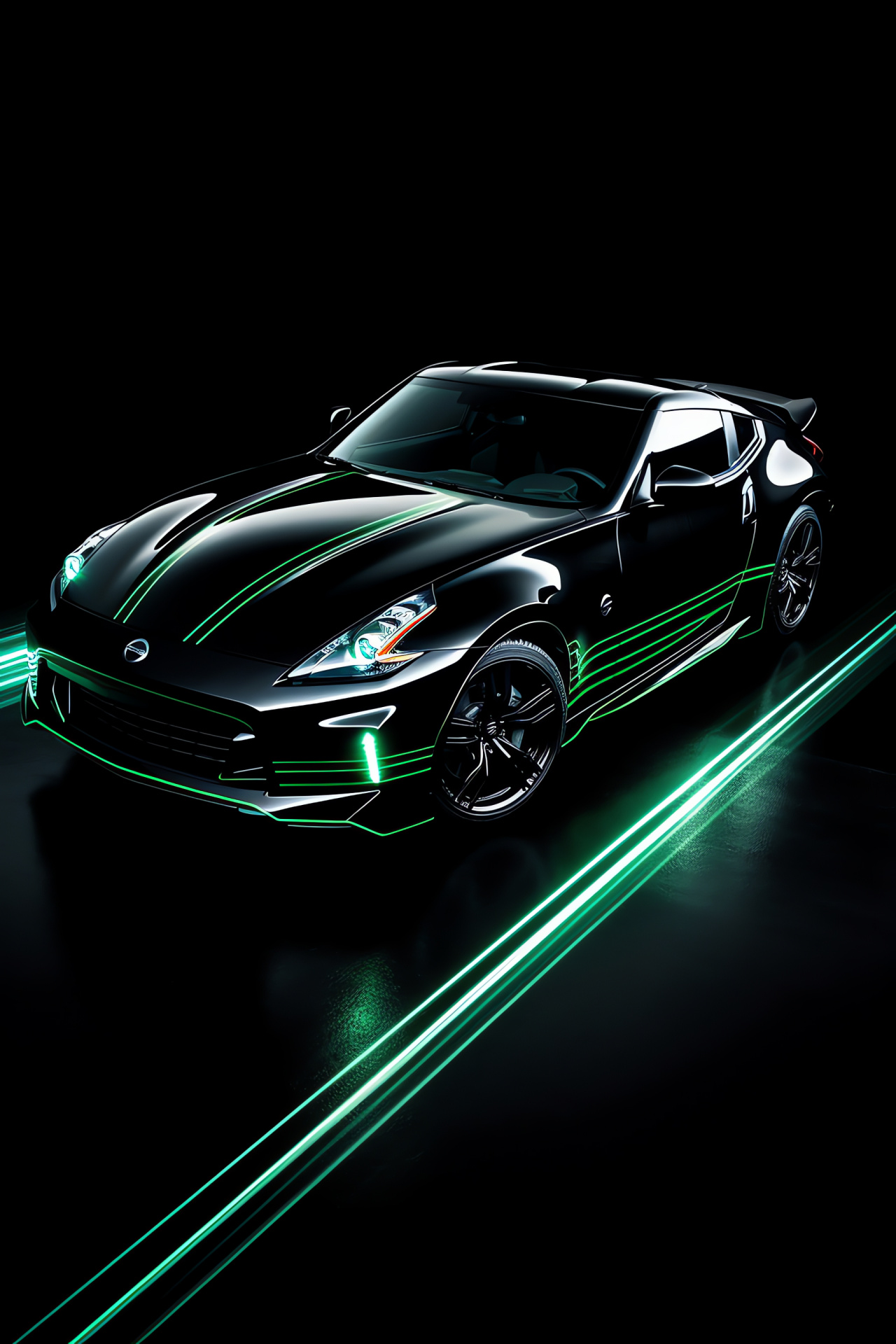 Nissan 370Z angle shot, High-contrast backdrop, Green bodywork, Illumination effect, Auto aesthetic, HD Phone Wallpaper