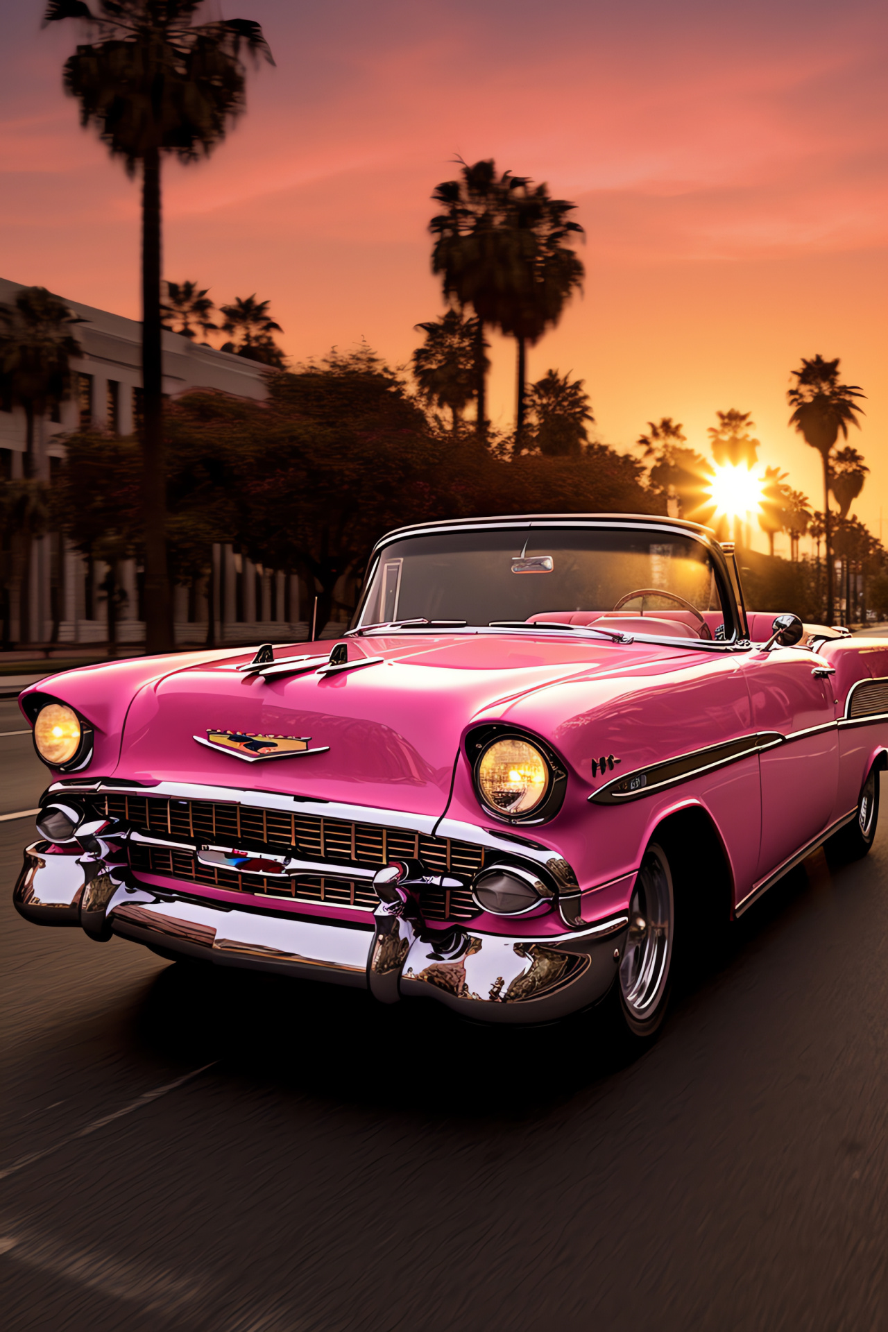 Pink Chevy Bel Air, dusky Los Angeles streets, golden California sunshine, Hollywood landmark, Americana spirit, HD Phone Wallpaper