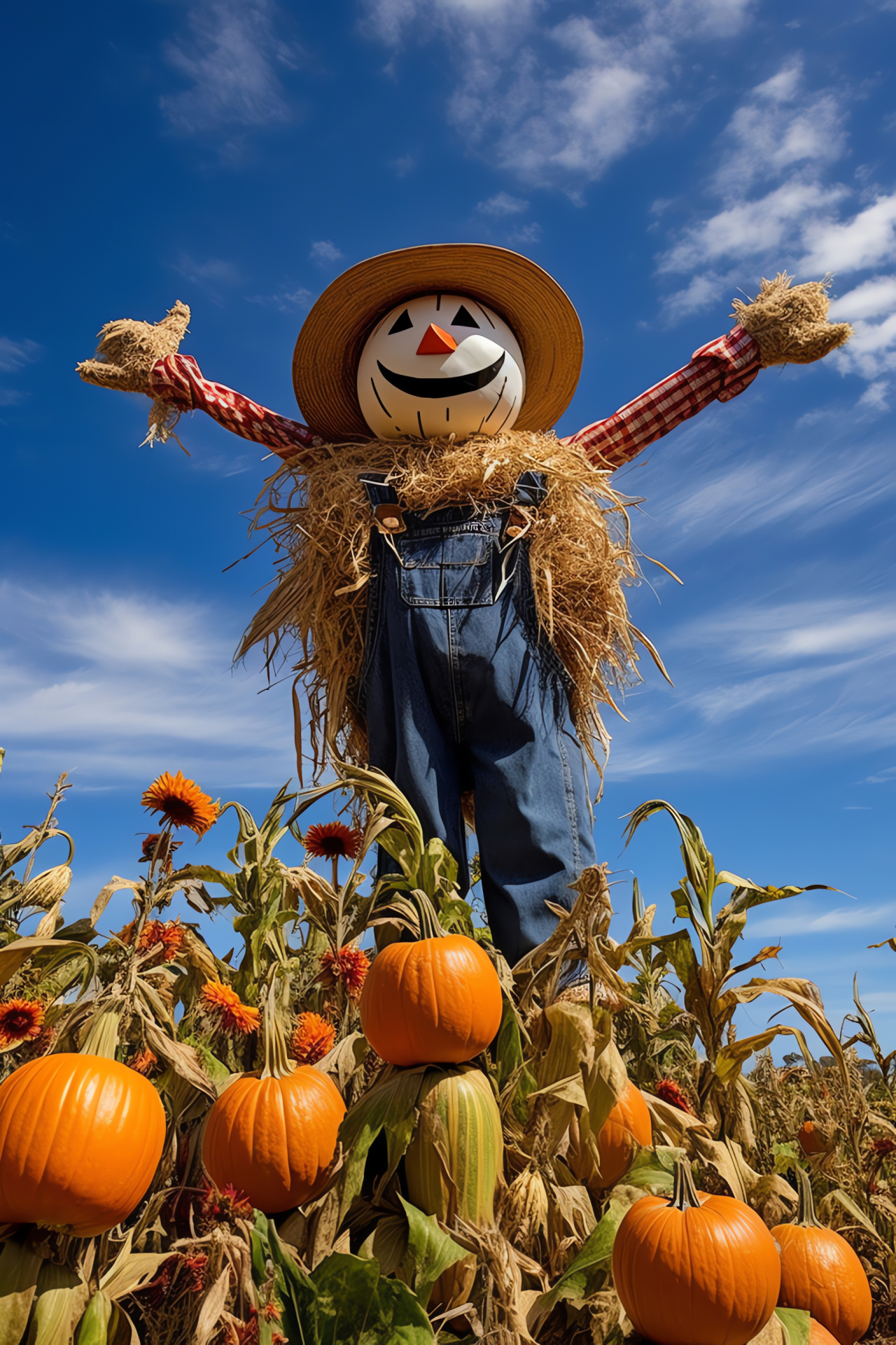 Rustic scarecrow midst pumpkins, Harvest season bounty, Cheerful straw figure, Pumpkin patch diversity, Welcoming fall spirit, HD Phone Wallpaper