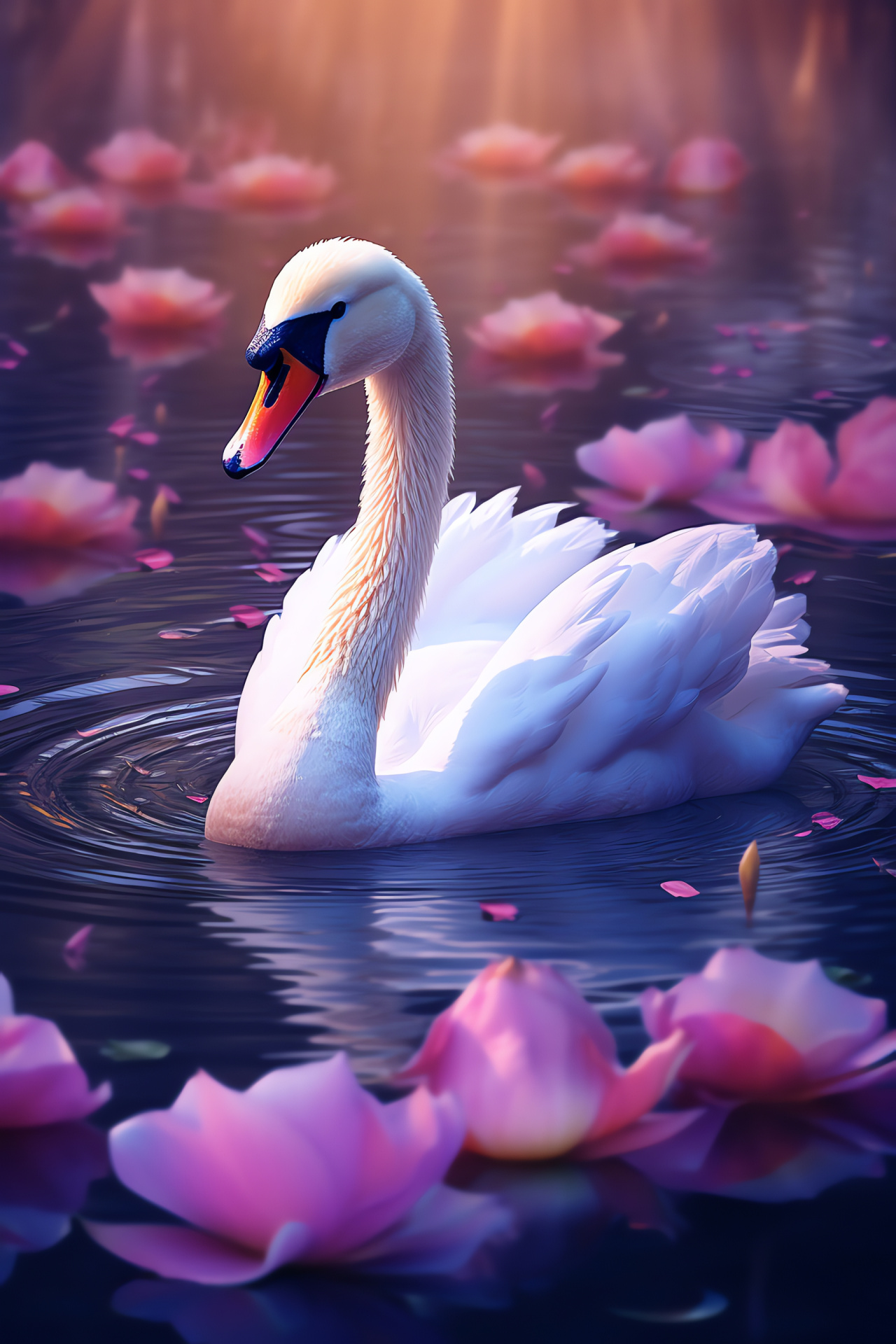 Elegant waterbird swan, ornamental water lilies, pond's tranquil beauty, unique pink avian appearance, wildlife grace, HD Phone Image