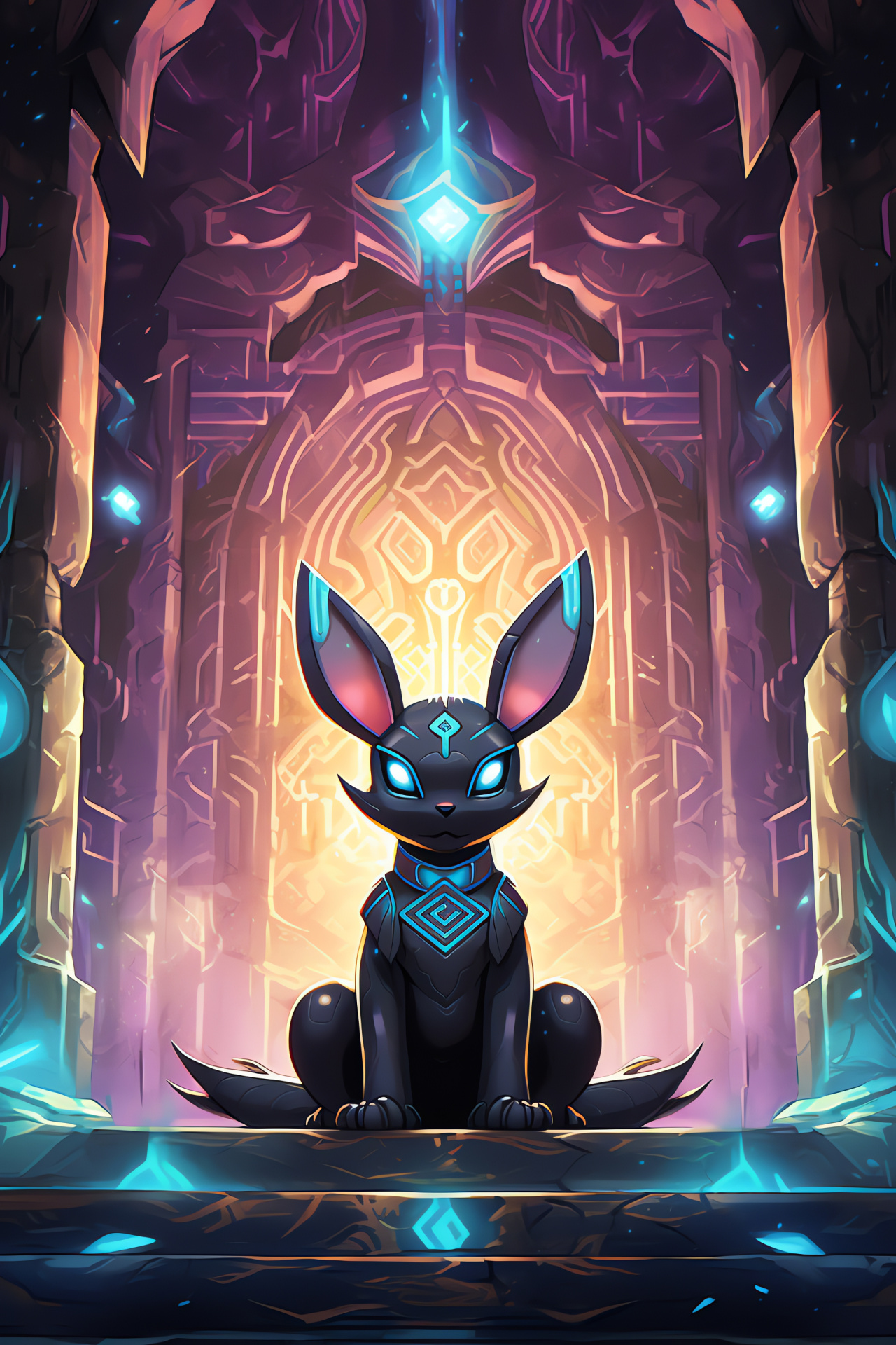 Shiny Umbreon among ruins, Gaming adventure scene, Ancient temple setting, Umbreon agility, Artistic stone relief, HD Phone Wallpaper