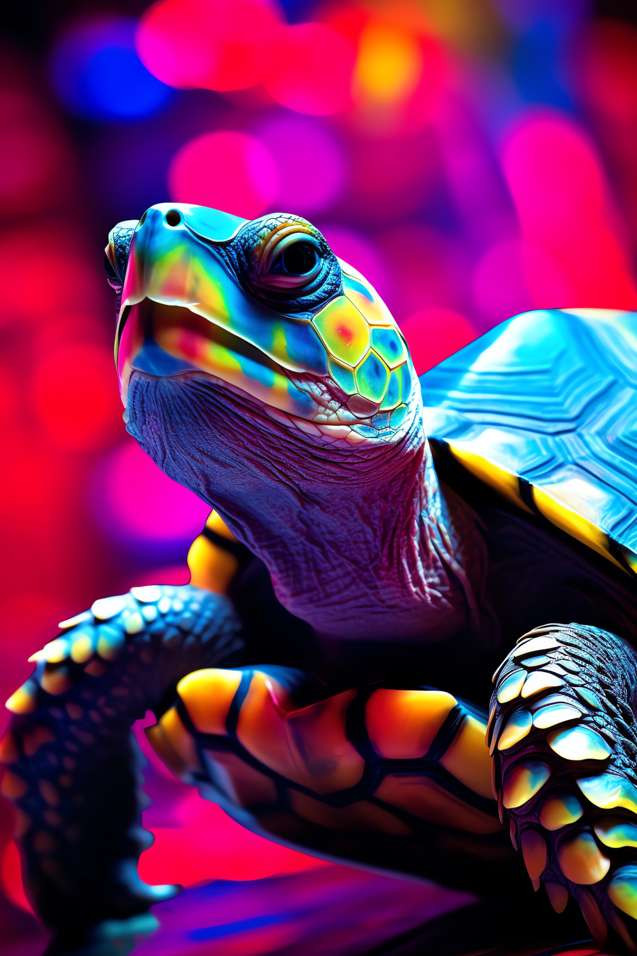 Shell reptile neon lights, Turtle eye luminescence, Turtle patterned shell, Dynamic color backdrop, Reptile vivid display, HD Phone Image