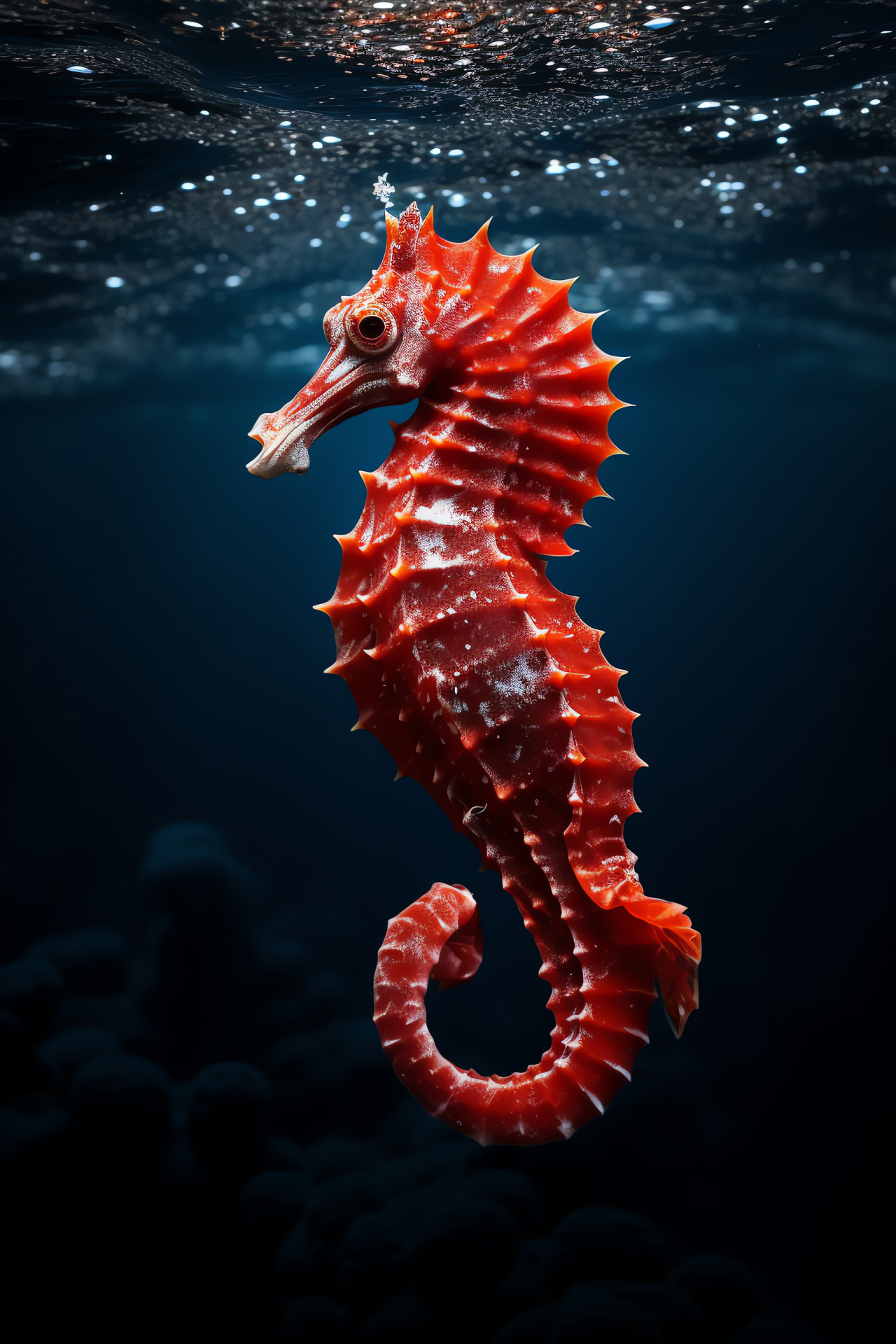 Contrast pattern sea horse, Oceanic equine, Red scene contrast, Golden-hued gaze, Aquatic floatation posture, HD Phone Wallpaper