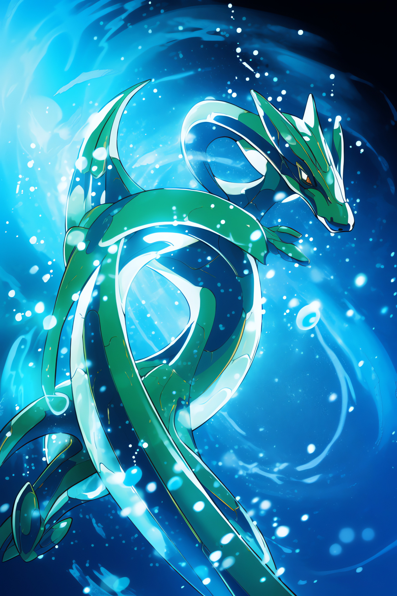 Rayquaza in flight, rare Pokmon species, cobalt background contrast, gleaming reptilian skin, fantasy creature, HD Phone Image