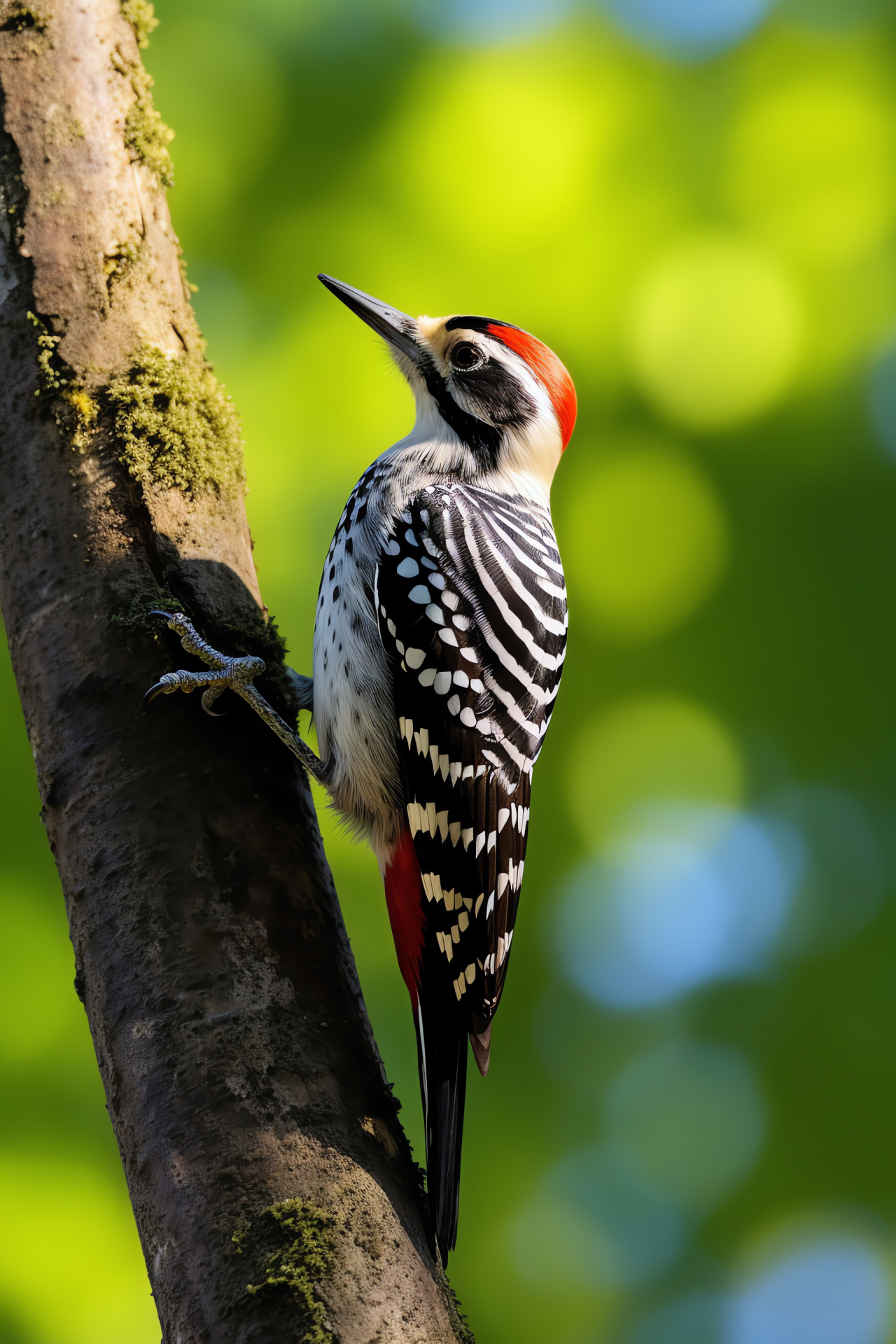 Dendrocolaptes sanctithomae specimen, zebra-stripe bird, pale avian underside, perch in foliage, filtered light wood, HD Phone Image