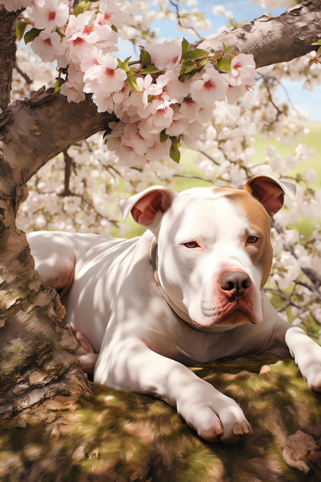 Sweet Pitbull, Pure white fur, Plantation setting, Longer haired breed, Affectionate pet, HD Phone Image