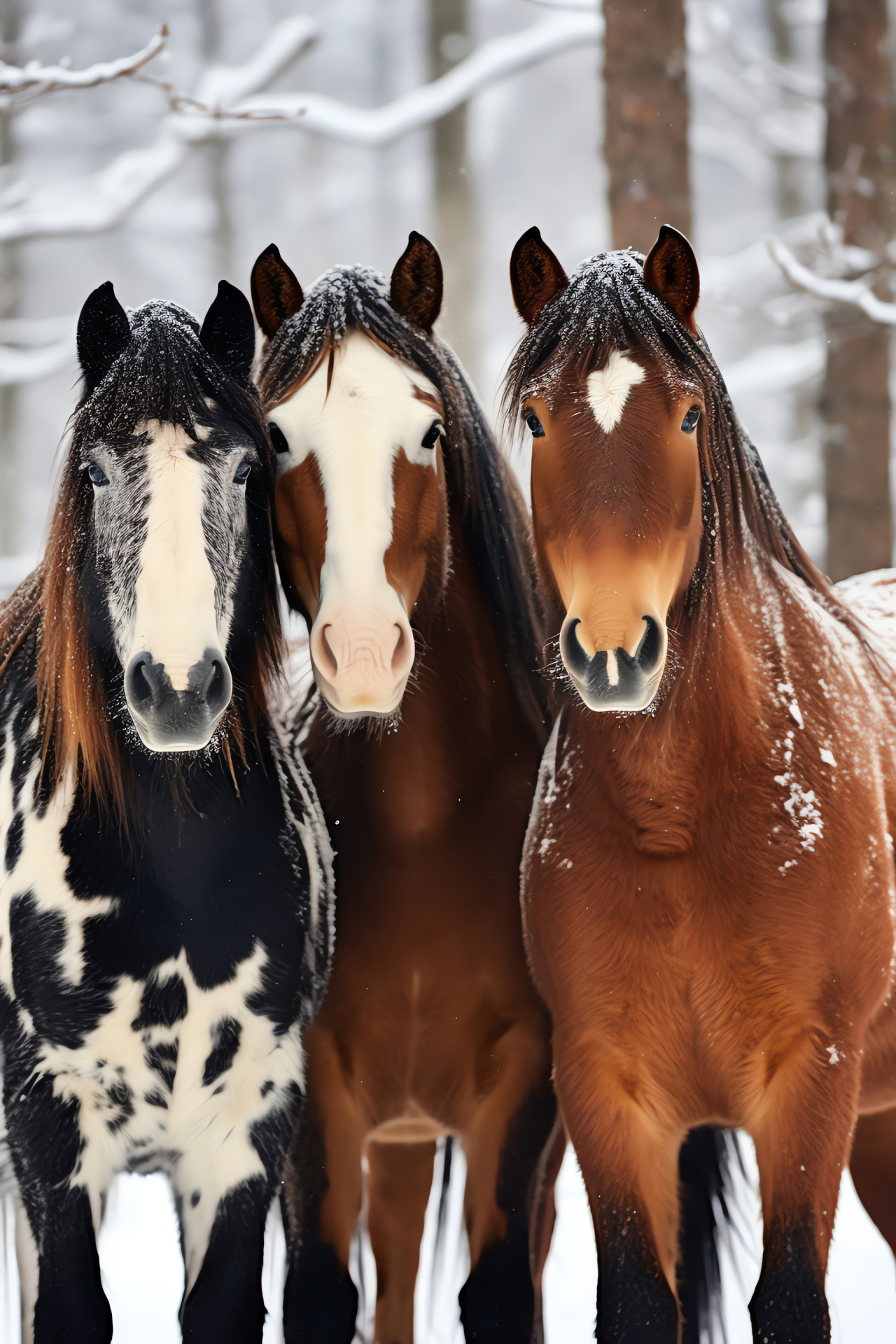 Herd in hoarfrost, Equestrian troop, Umber fur, Ebon steeds, Dappled hides, HD Phone Image