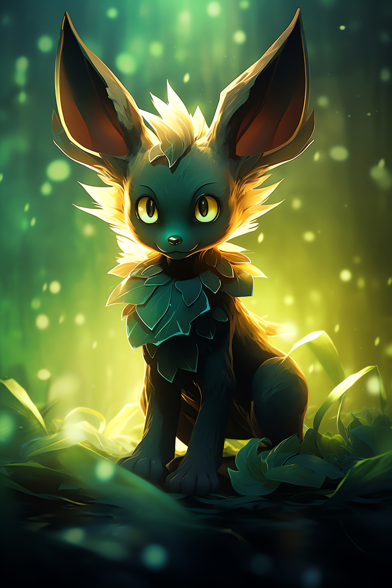 Leafeon guise, Vegetative pelt, Grounded species, Radiant gaze, Morning dew, HD Phone Image