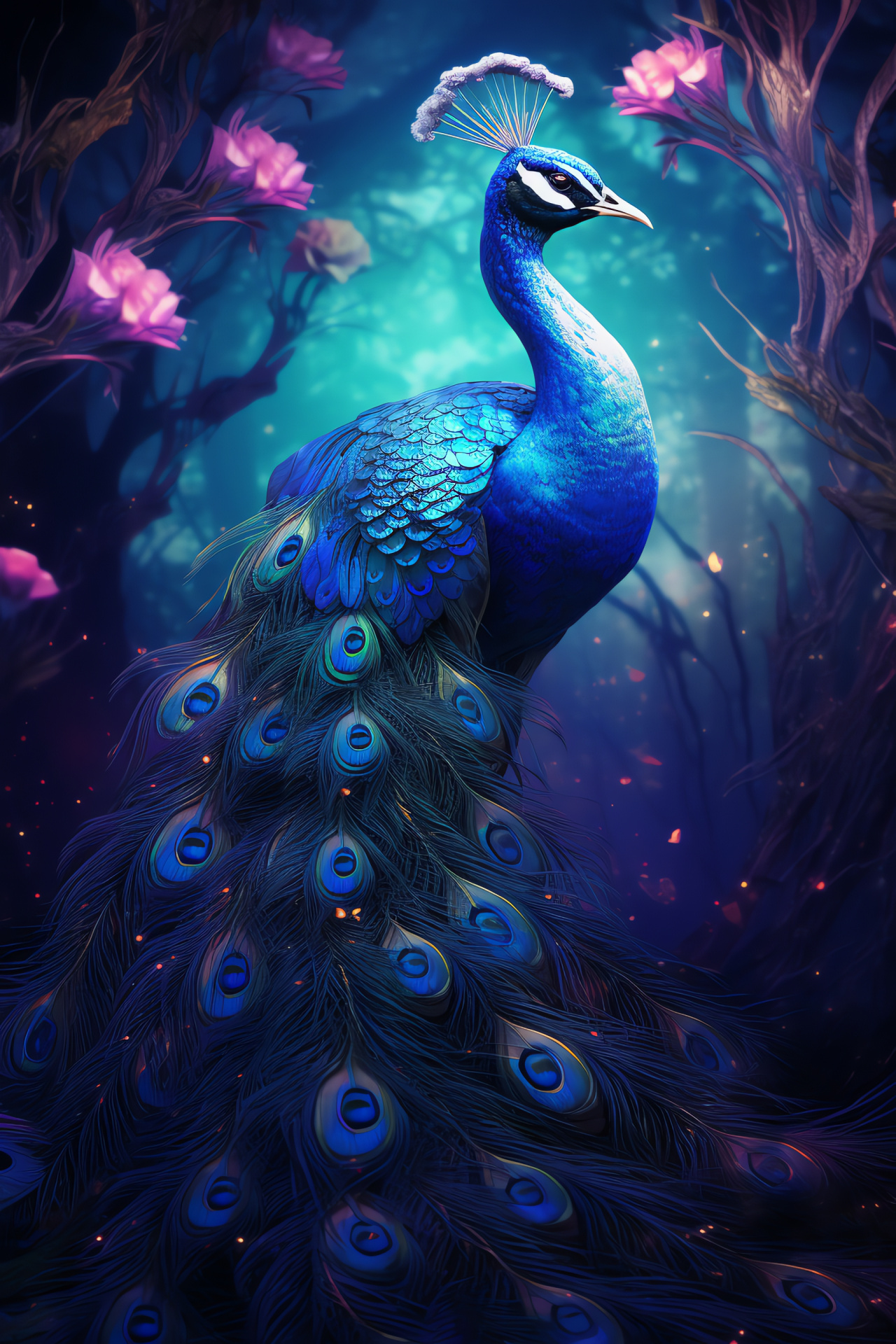 Avian wonder, Iridescent plumage, Crystal hues, Nocturnal palette, Enchanted woodland, HD Phone Wallpaper