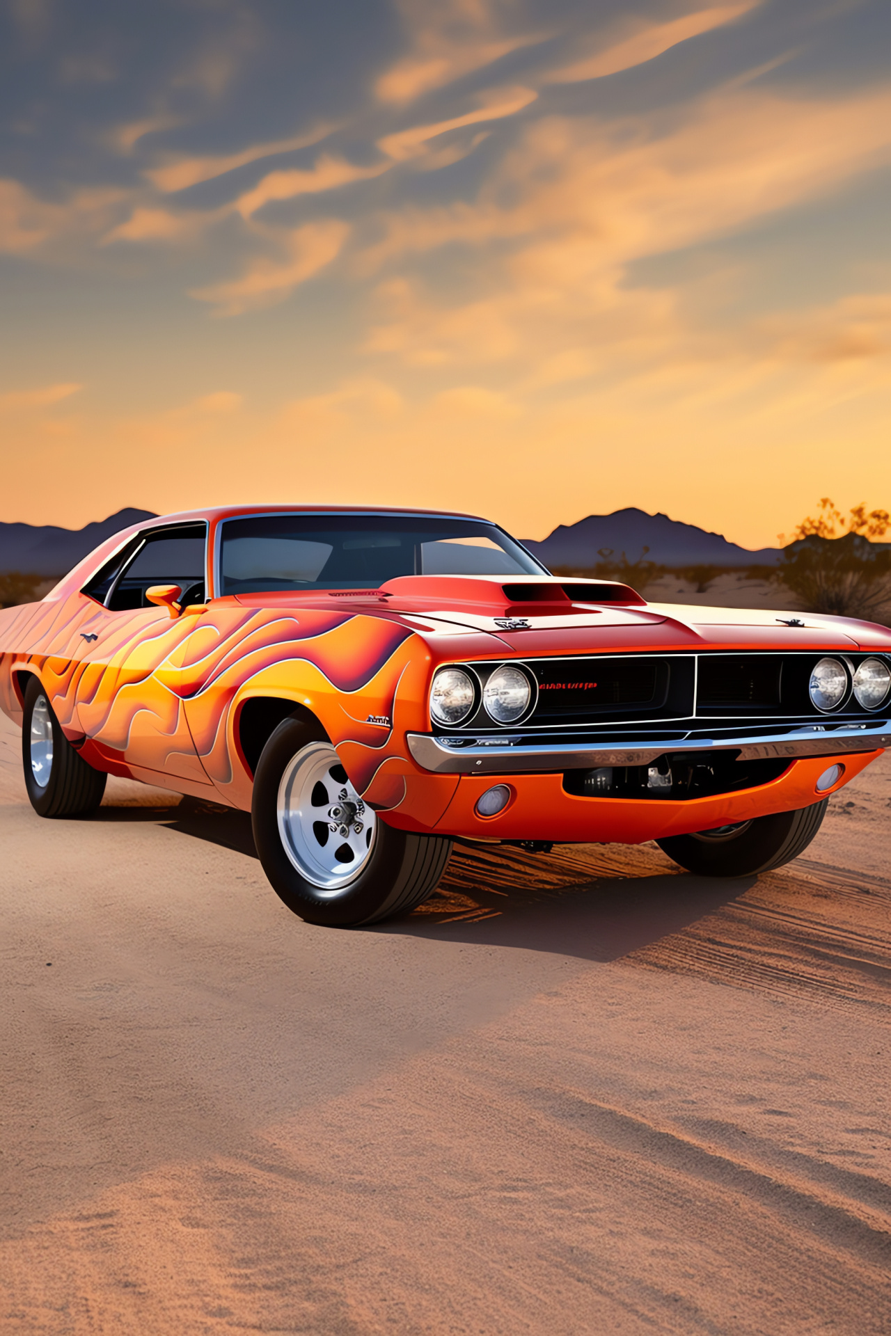 Plymouth Barracuda, Texan wilderness, vivid scarlet hue, fire-pattern artwork, arid route, HD Phone Wallpaper