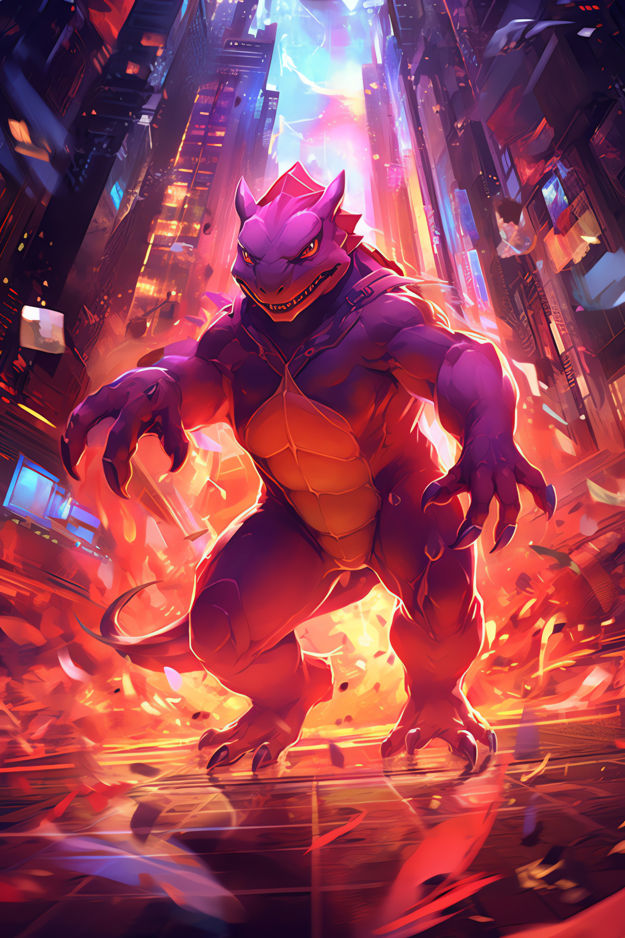 Evolved Charmeleon, Cyberpunk habitat, Luminous skyline, Urban Pokemon, Heat radiance, HD Phone Wallpaper