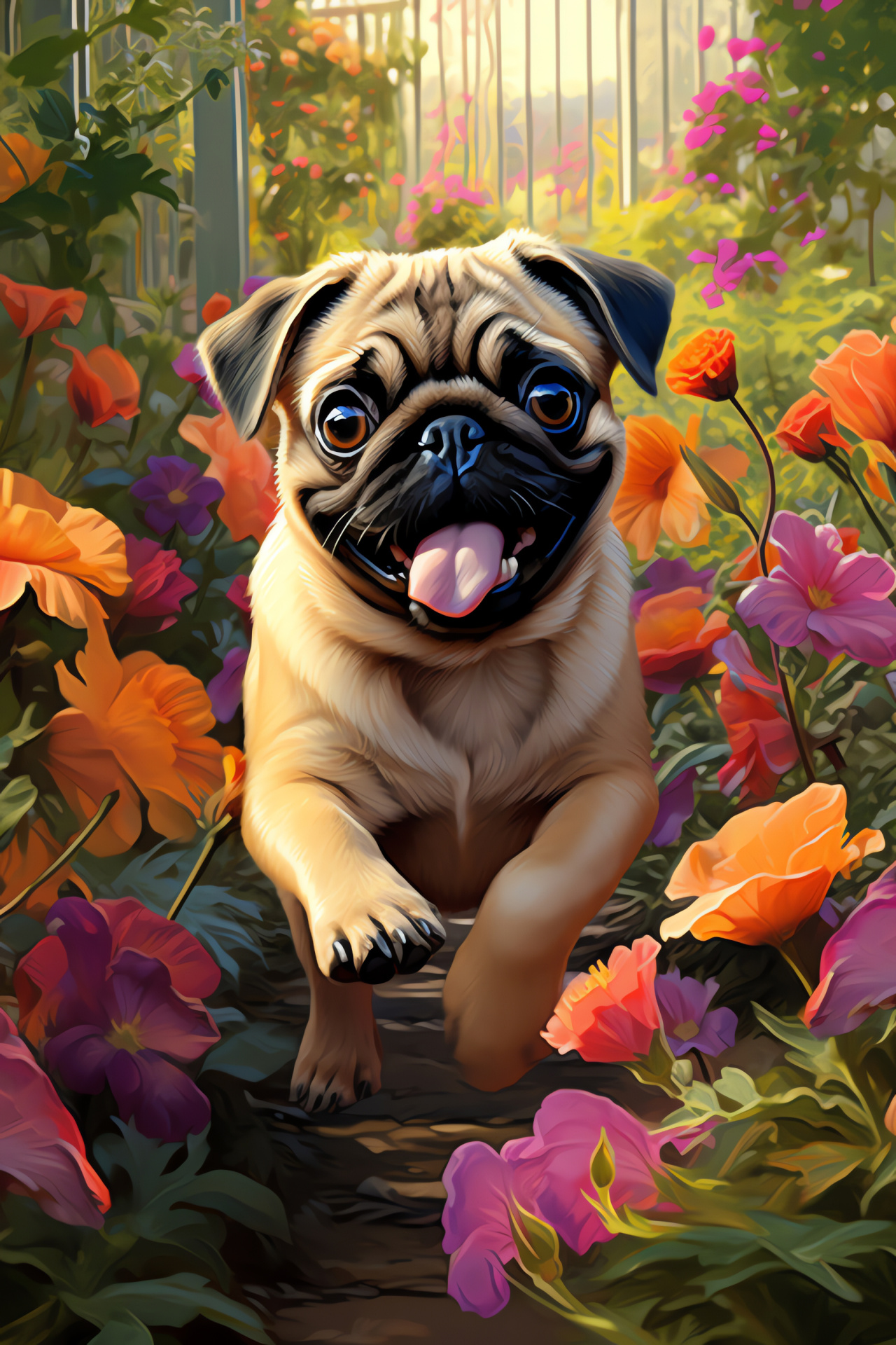 Pug puppy playfulness, Emotive small dog, Puppy plush coat, Young dog stance, Floral vibrance, HD Phone Wallpaper