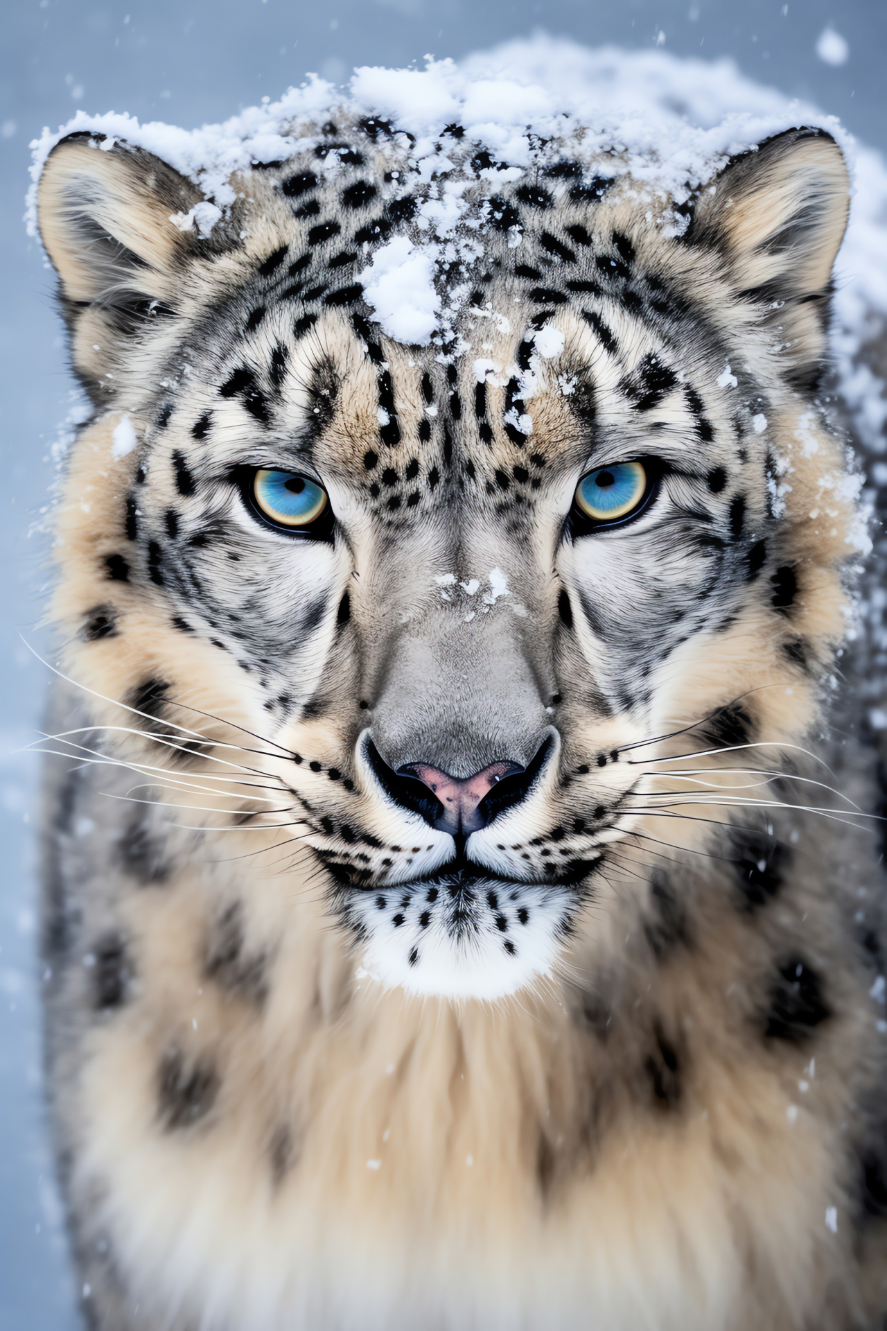 Mature Snow Leopard, blue ice gaze, alabaster fur coat, mountainous habitat, regal feline posture, HD Phone Image