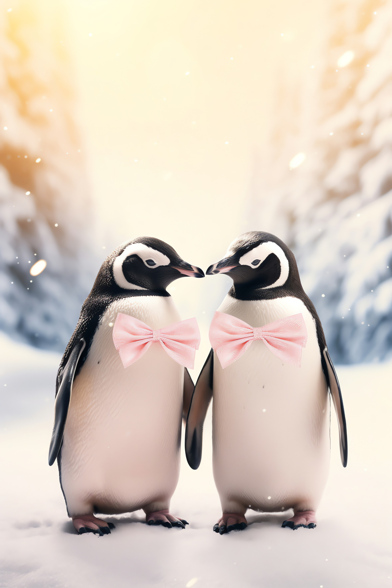 Antarctic birds courtship, Black and white avians, Romance symbol ties, Colorful neckwear, Wintery region, HD Phone Wallpaper