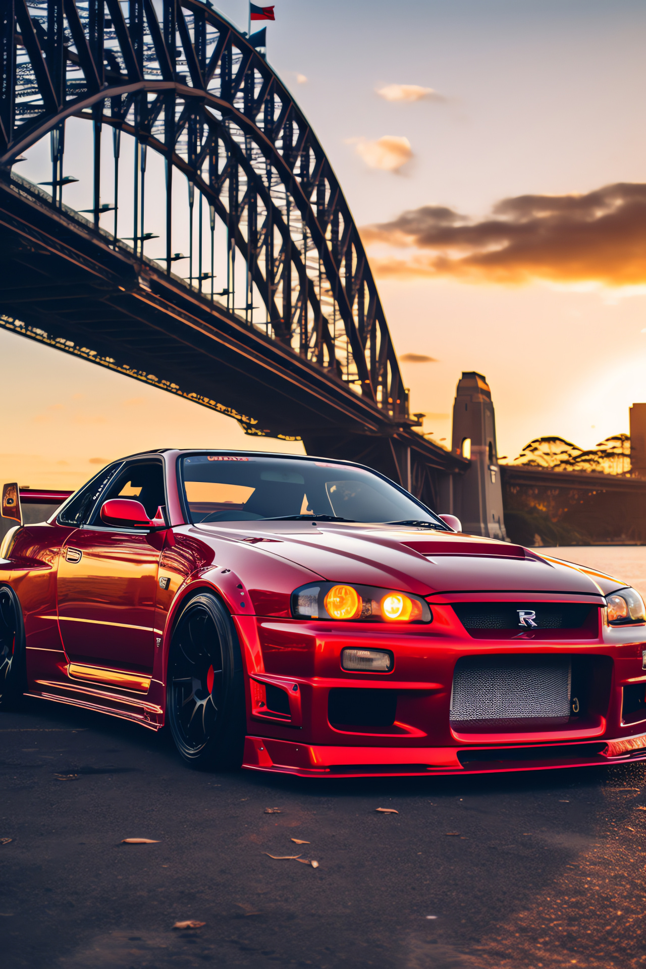 Nissan Skyline GTR R33, Sydney iconic bridge, Dazzling cityscape, Harbor gloss, Custom wheel design, HD Phone Image