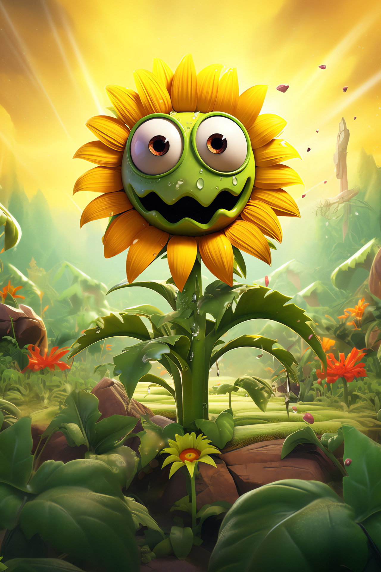 Sunflower healer, Tranquil Zen Peak, verdant flora, tumbling waters, serene battlefield, HD Phone Wallpaper