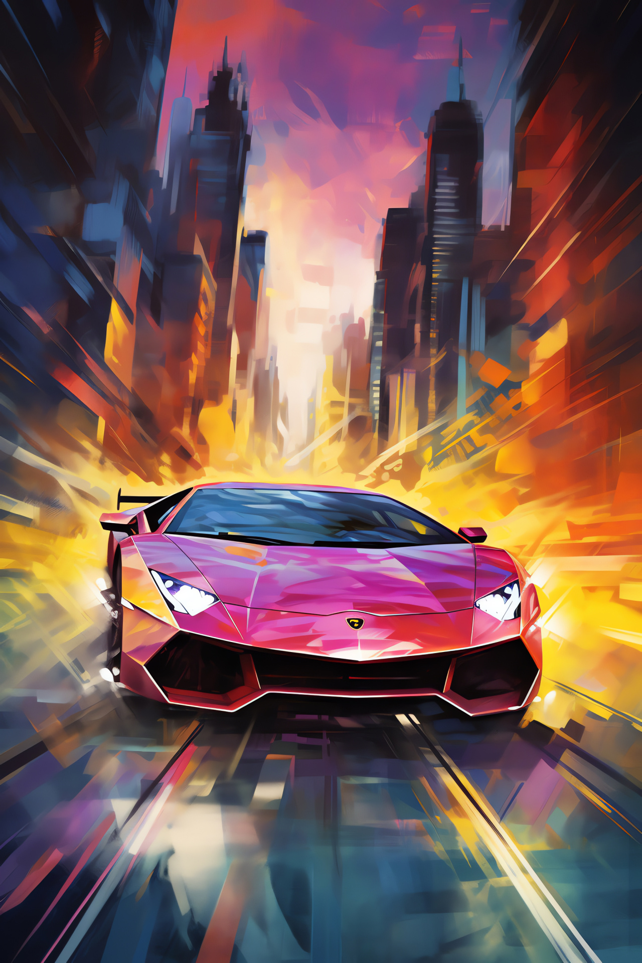 Murcielago spray art, Conceptual city envisioned, Stylistic hues, Automotive fantasy, Creative metropolitan, HD Phone Wallpaper