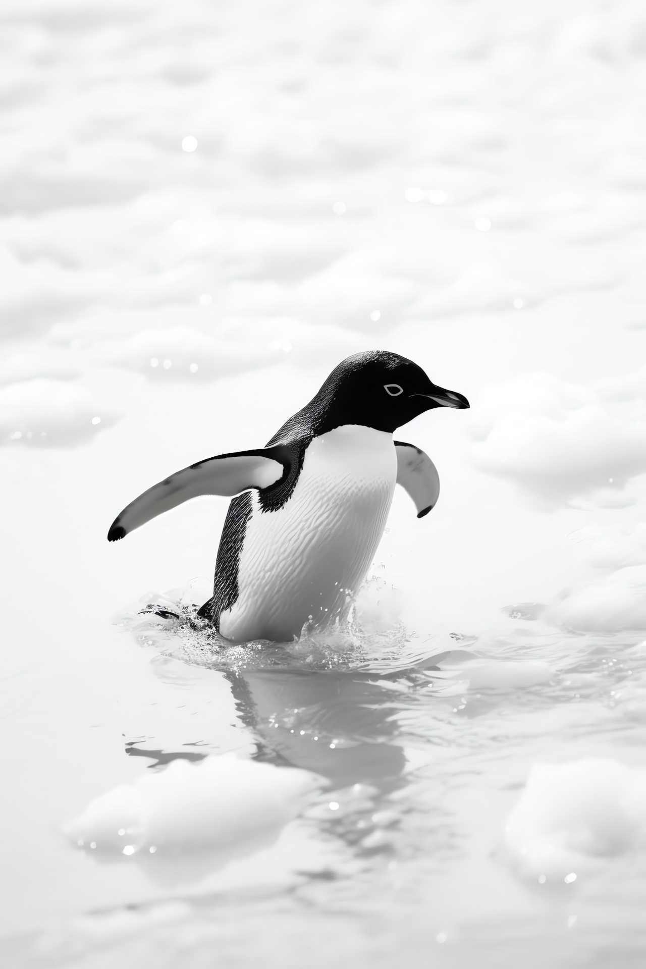 Adelie penguin strides, yin-yang plumage, bird's-eye ocean view, cold sea foam, Arctic habitat, HD Phone Wallpaper