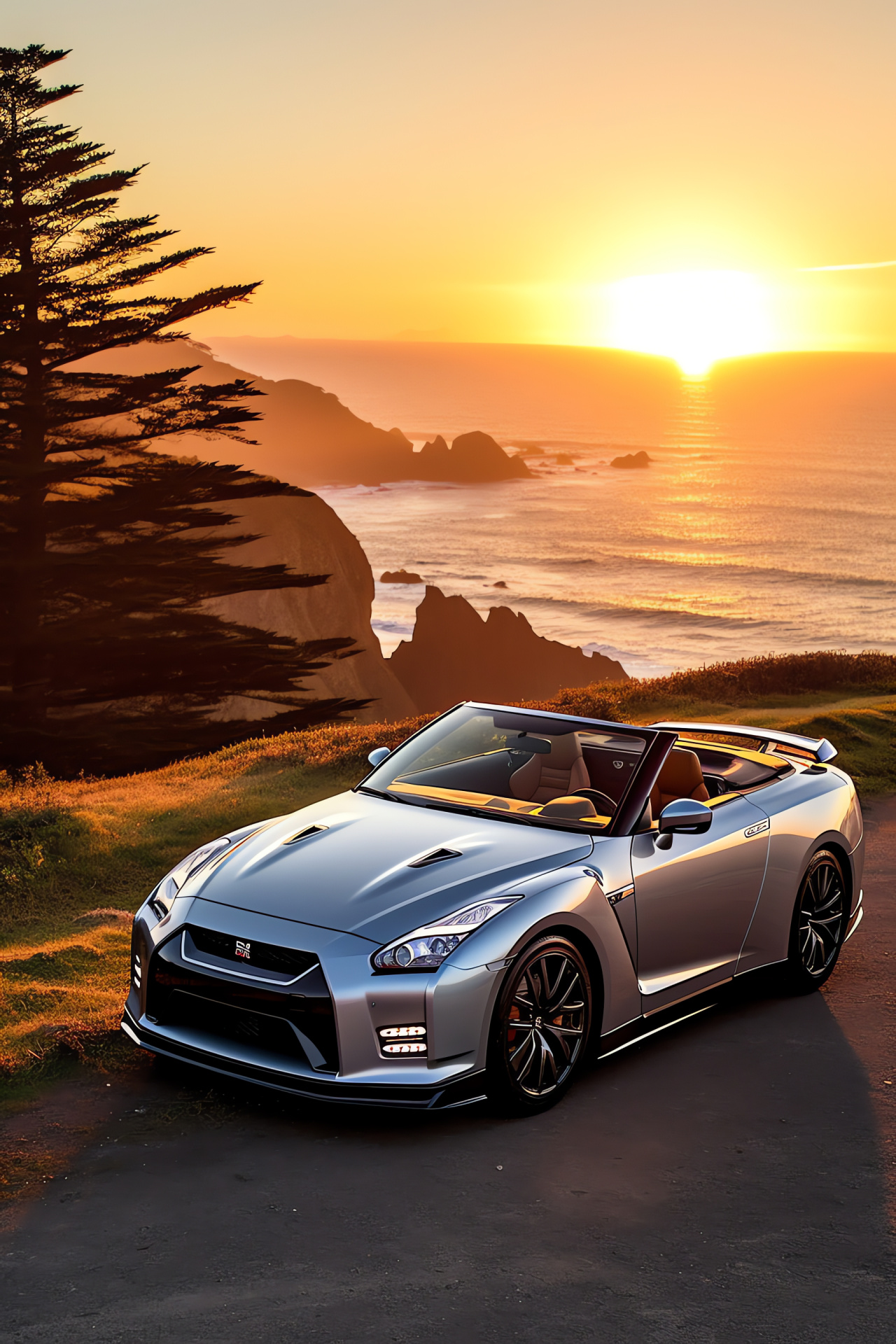 Nissan GTR R35, Convertible sports car, Coastal highway, Oceanfront roads, Silver shading, HD Phone Wallpaper