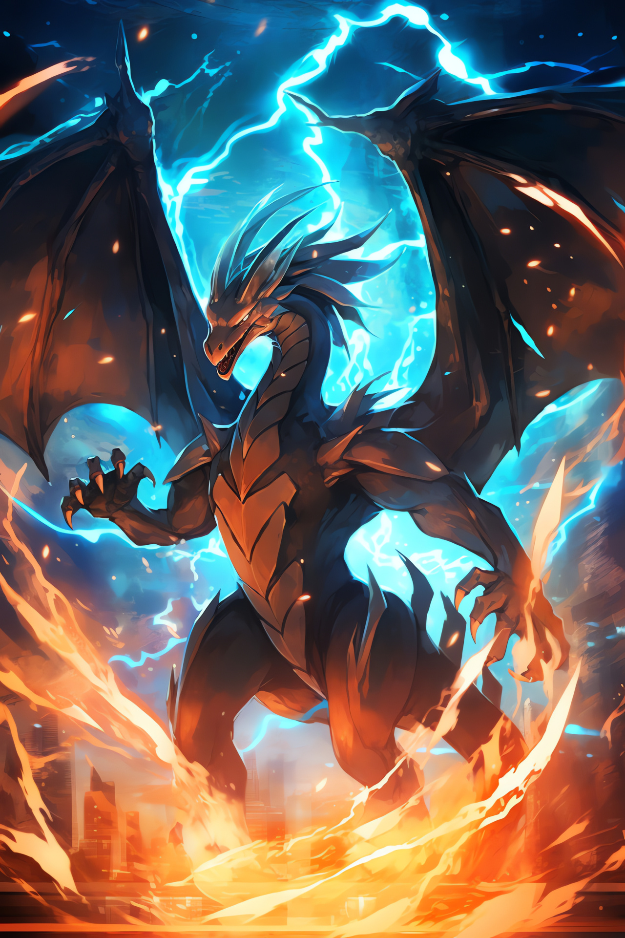 Pokemon Mega Charizard, Scarlet scales, Deep azure look, Wing expanse, Controlled flame, HD Phone Image