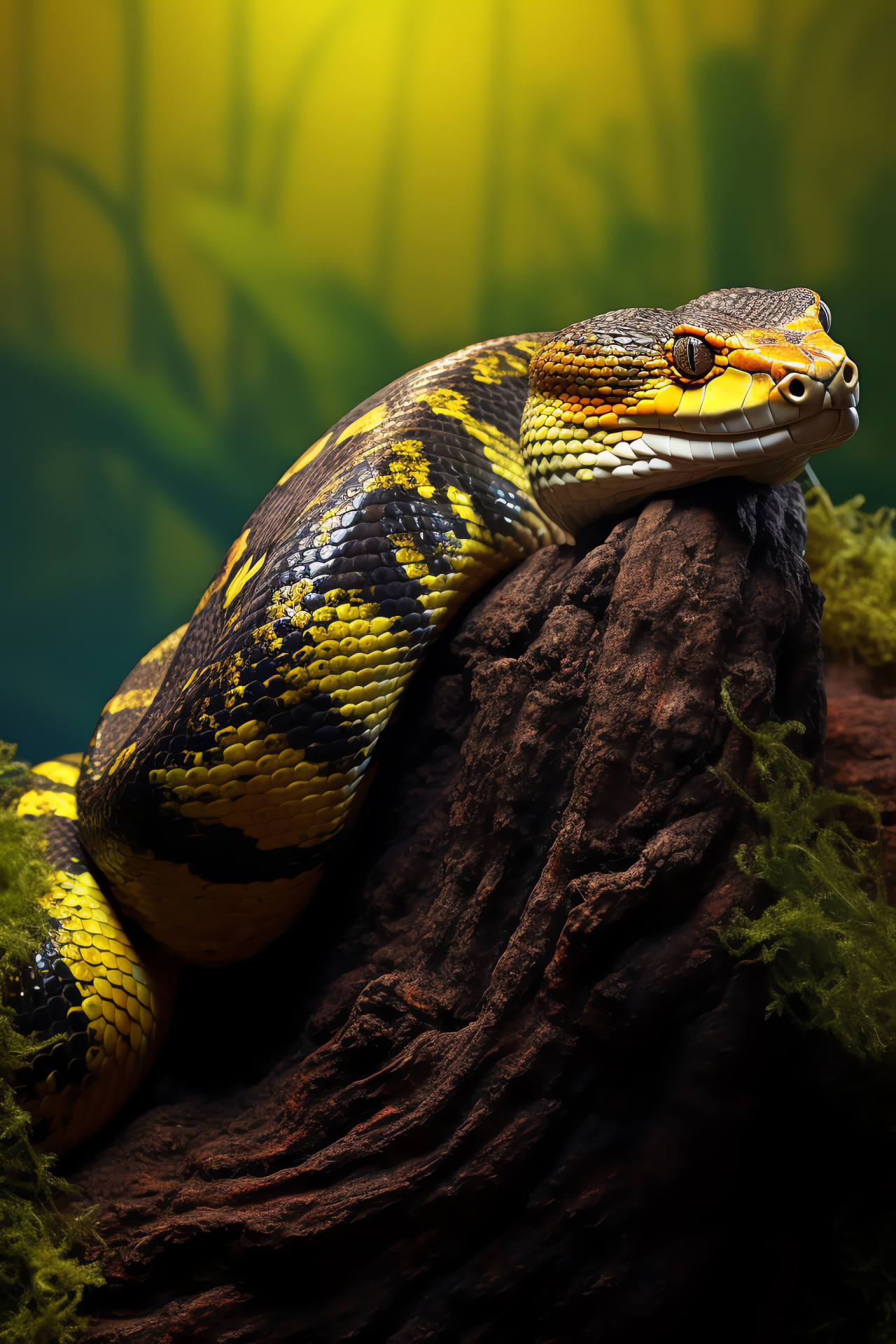 Yellow anaconda coil, vivacious scales, tri-color environment, constrictor species, HD Phone Image