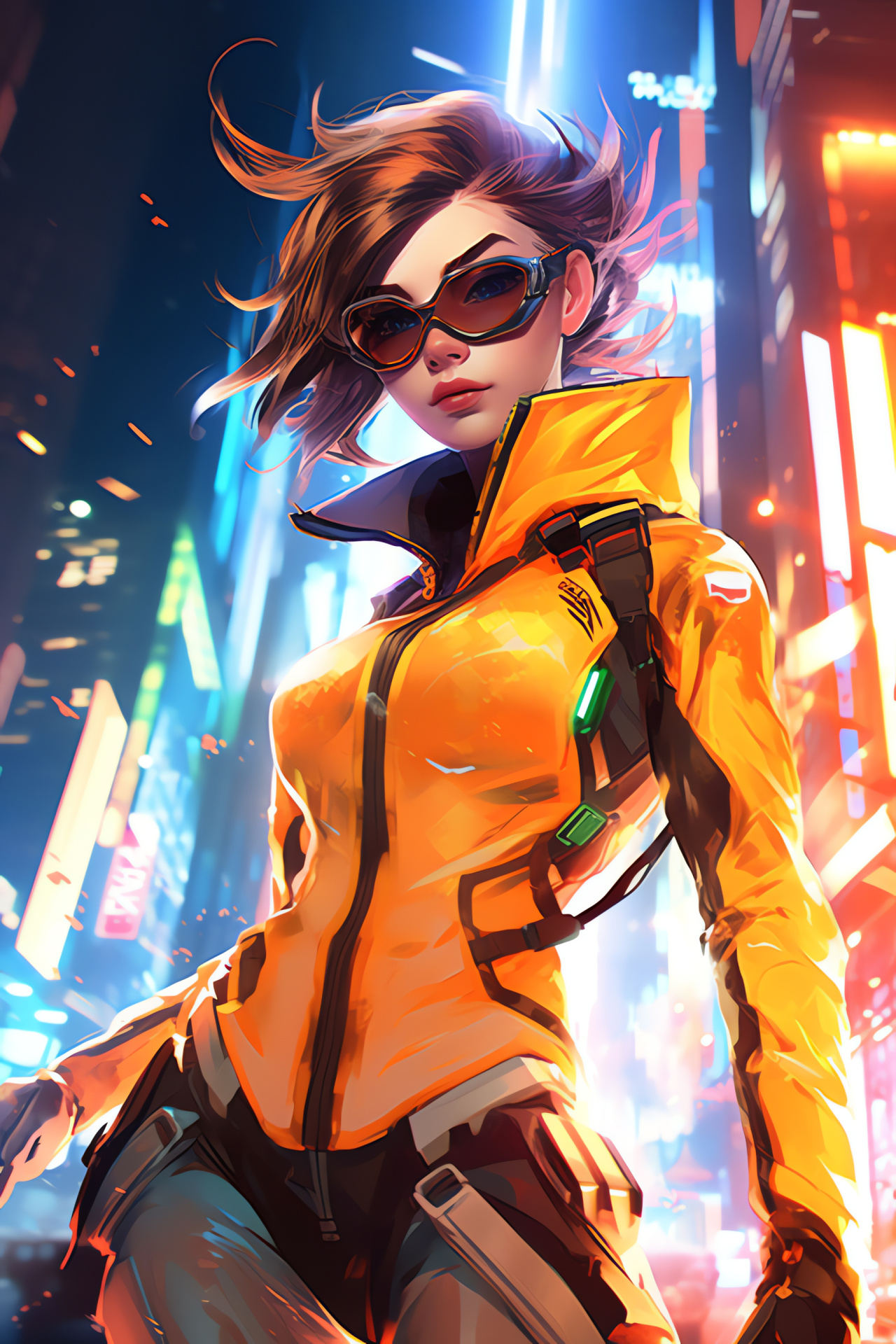 Overwatch game Tracer, Velocity warrior, Vivid hues, Chronal harness, Combat stance, HD Phone Wallpaper