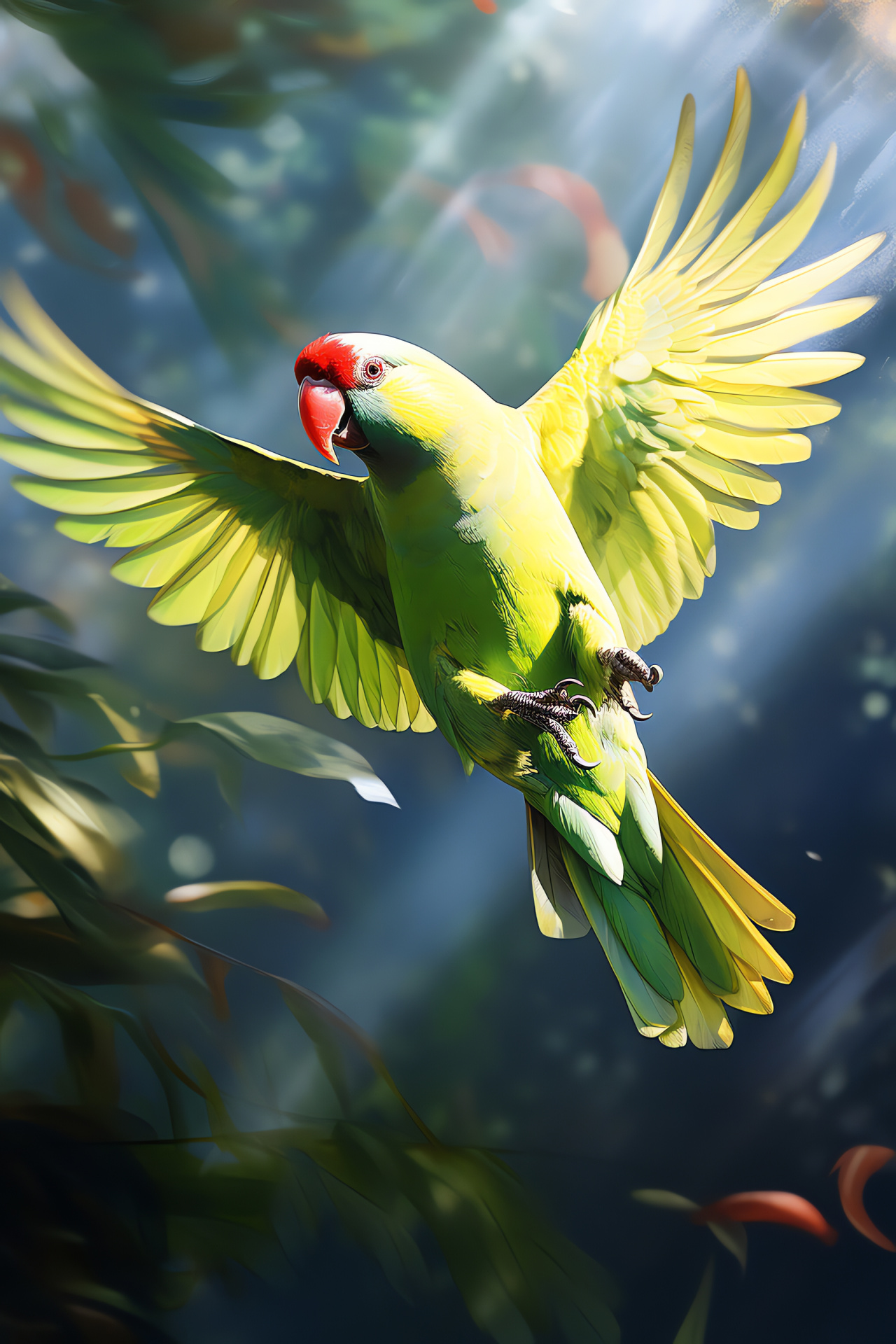 Green parakeet, Avian flight, Psittaciformes order, Sunlit habitats, Aviary residence, HD Phone Image