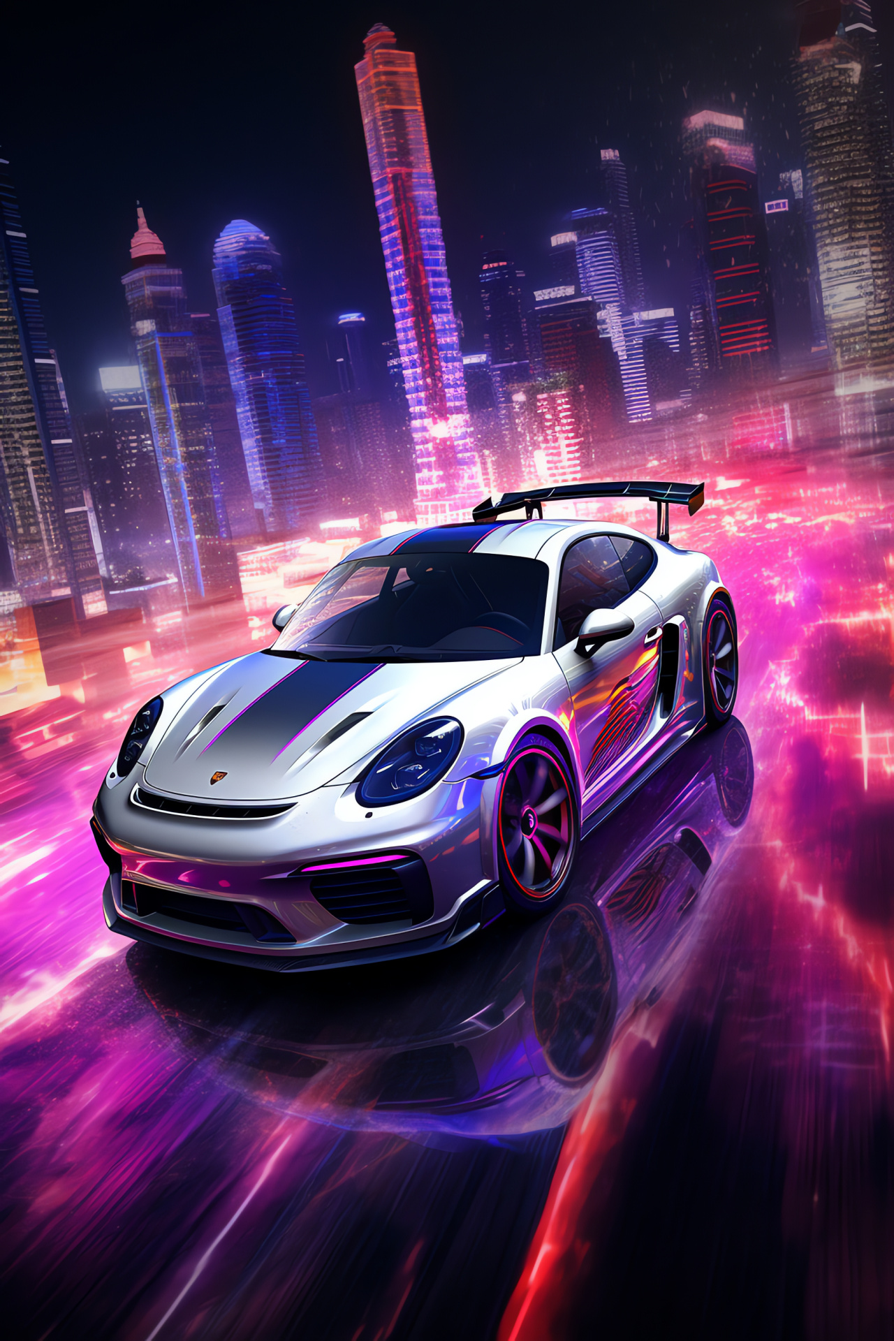 Porsche Cayman GT4 RS 4.0, Futuristic urban landscapes, High-rise architecture, White sports car, Metropolitan scene, HD Phone Image