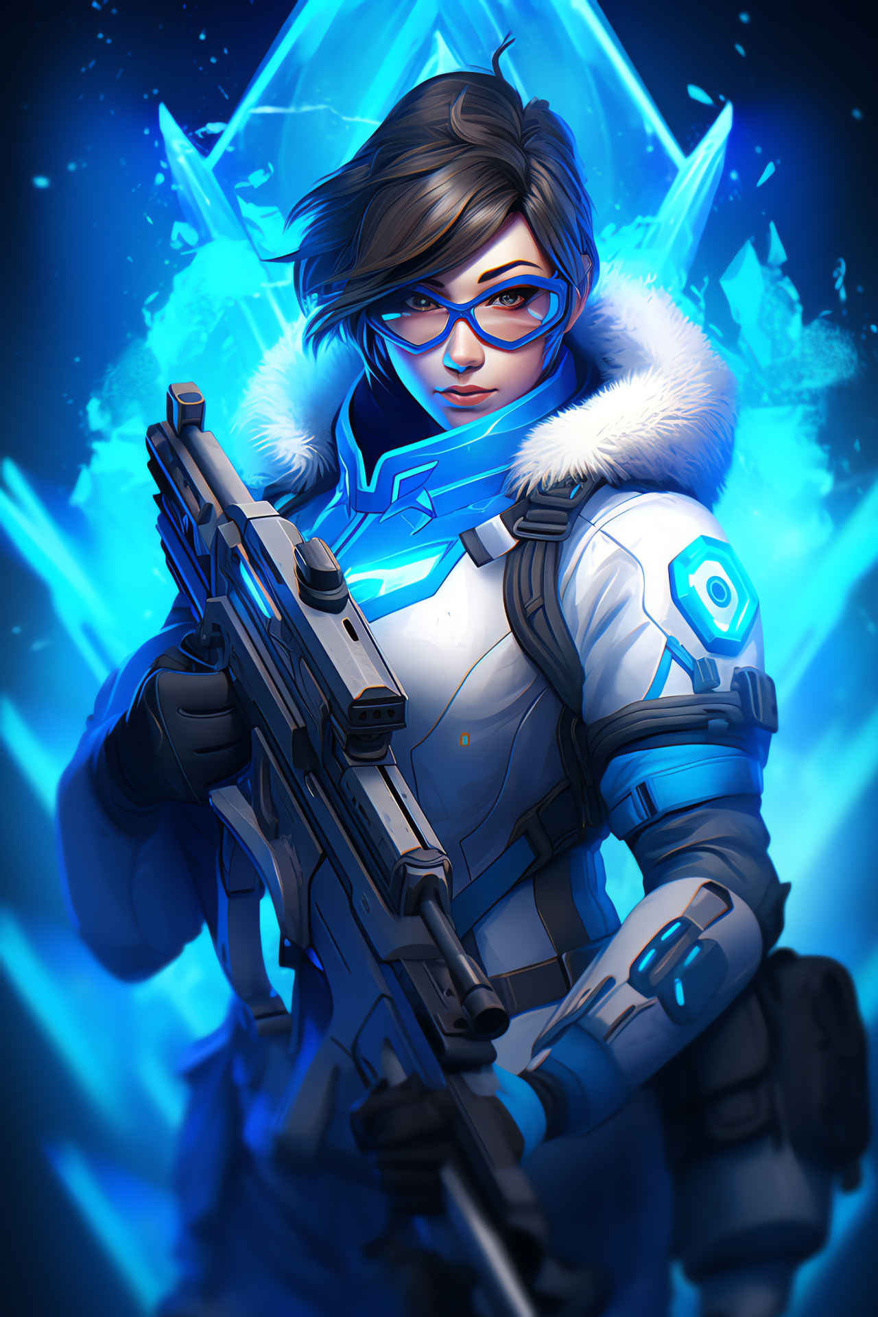 Overwatch agent Mei, Abstract background art, Icy gaze, Cryo weapon, Creative digital portrayal, HD Phone Image