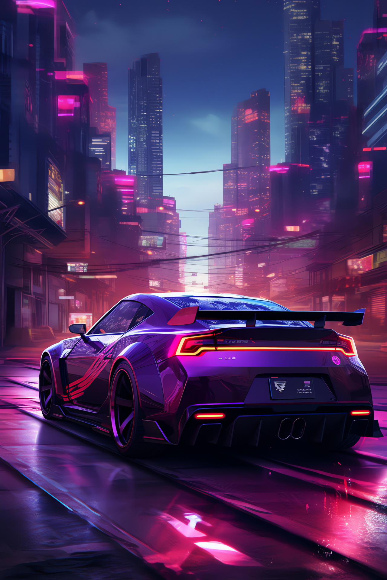 370Z overhead, Cyberspace motif, Forward-thinking design, Urban nightscape, Glossy vehicle contours, HD Phone Wallpaper