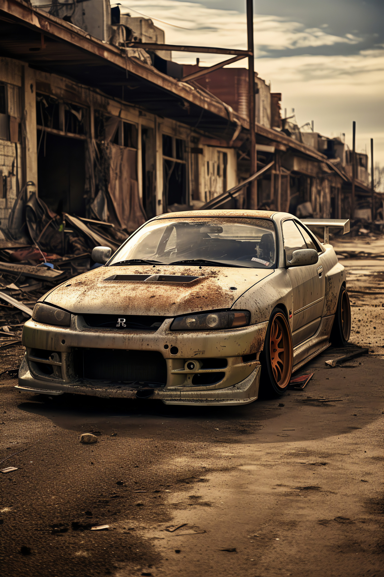 S15 Silvia scenery, barren lands, decrepit structures, sand storms, scattered rubble, HD Phone Image