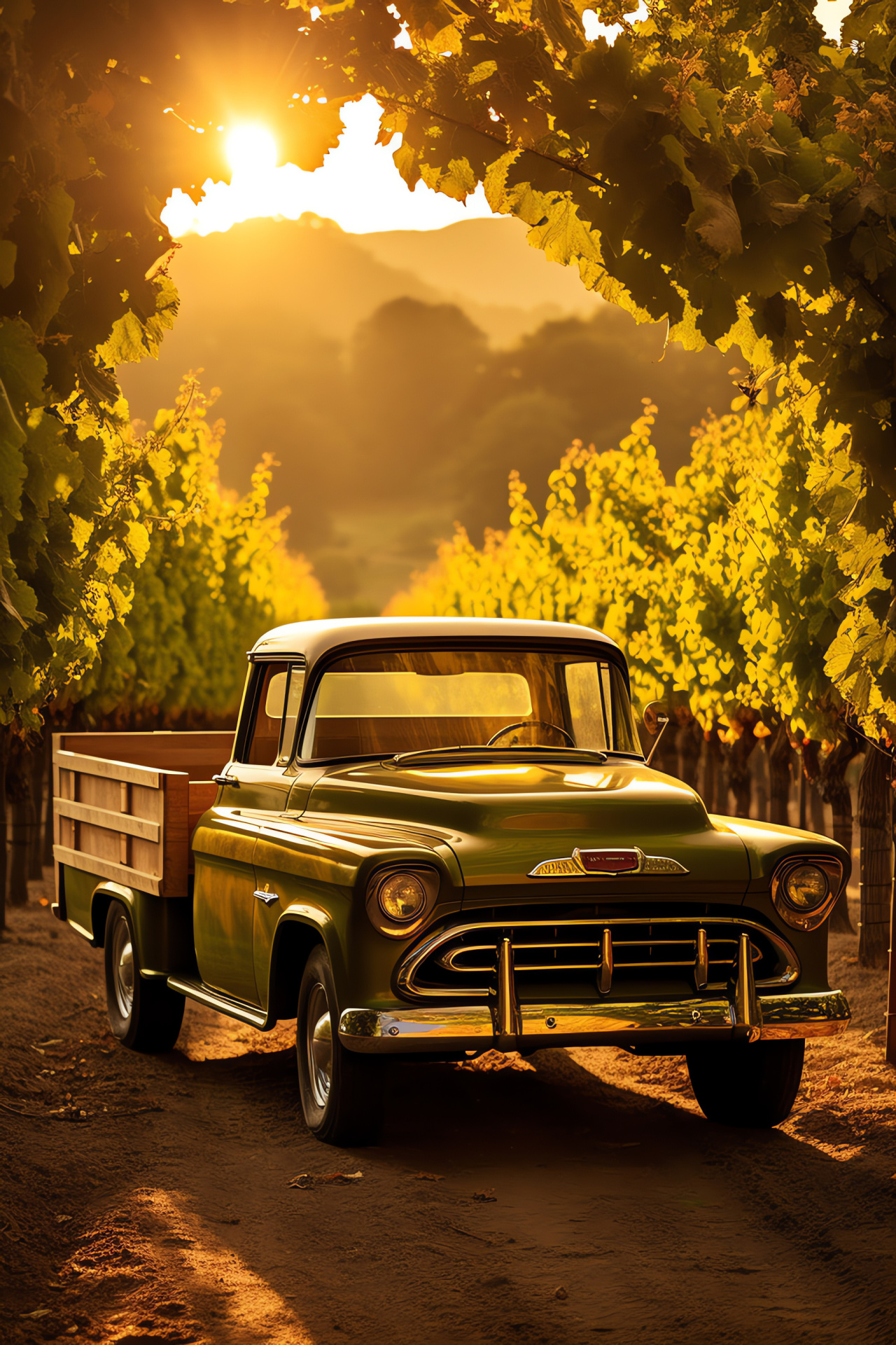 Chevy Truck vineyard, pastoral setting, grape containers, agricultural scenery, sunlit vines, HD Phone Image