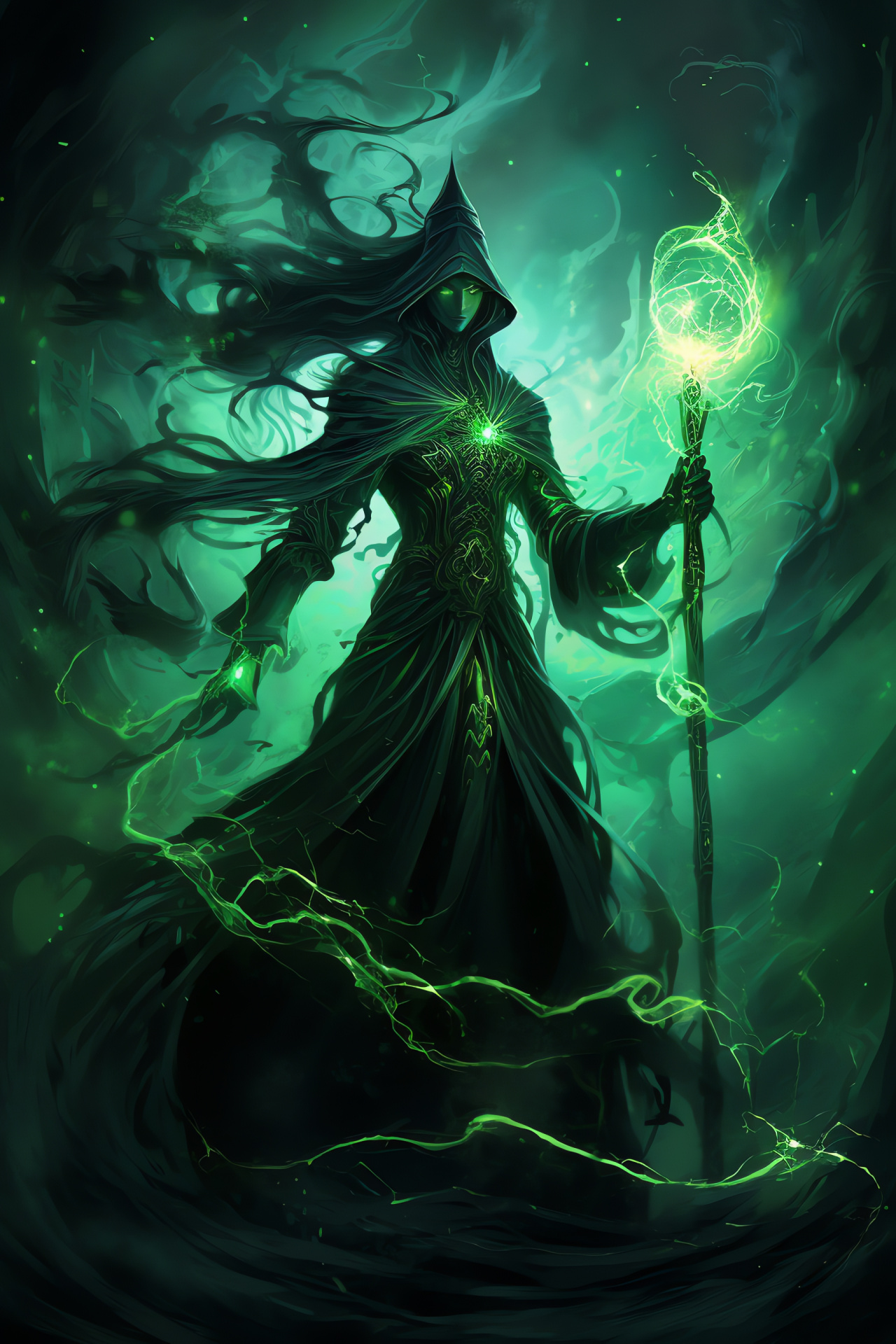 Undead Warlock Morgana, Supernatural sorceress, Enchanted green gaze, Mystical attire, Magic-infused sigils, HD Phone Wallpaper