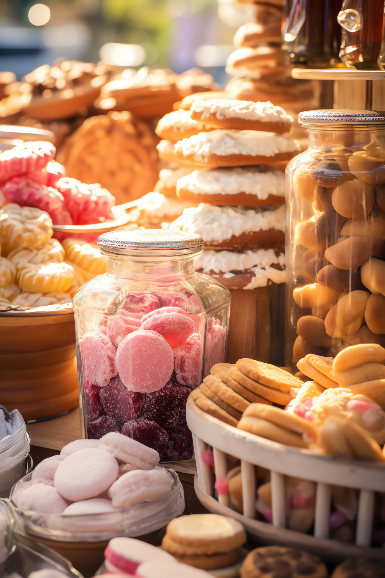 Local market sweets, spun sugar treat, baked goods, fruit preserves, tempting display, HD Phone Image